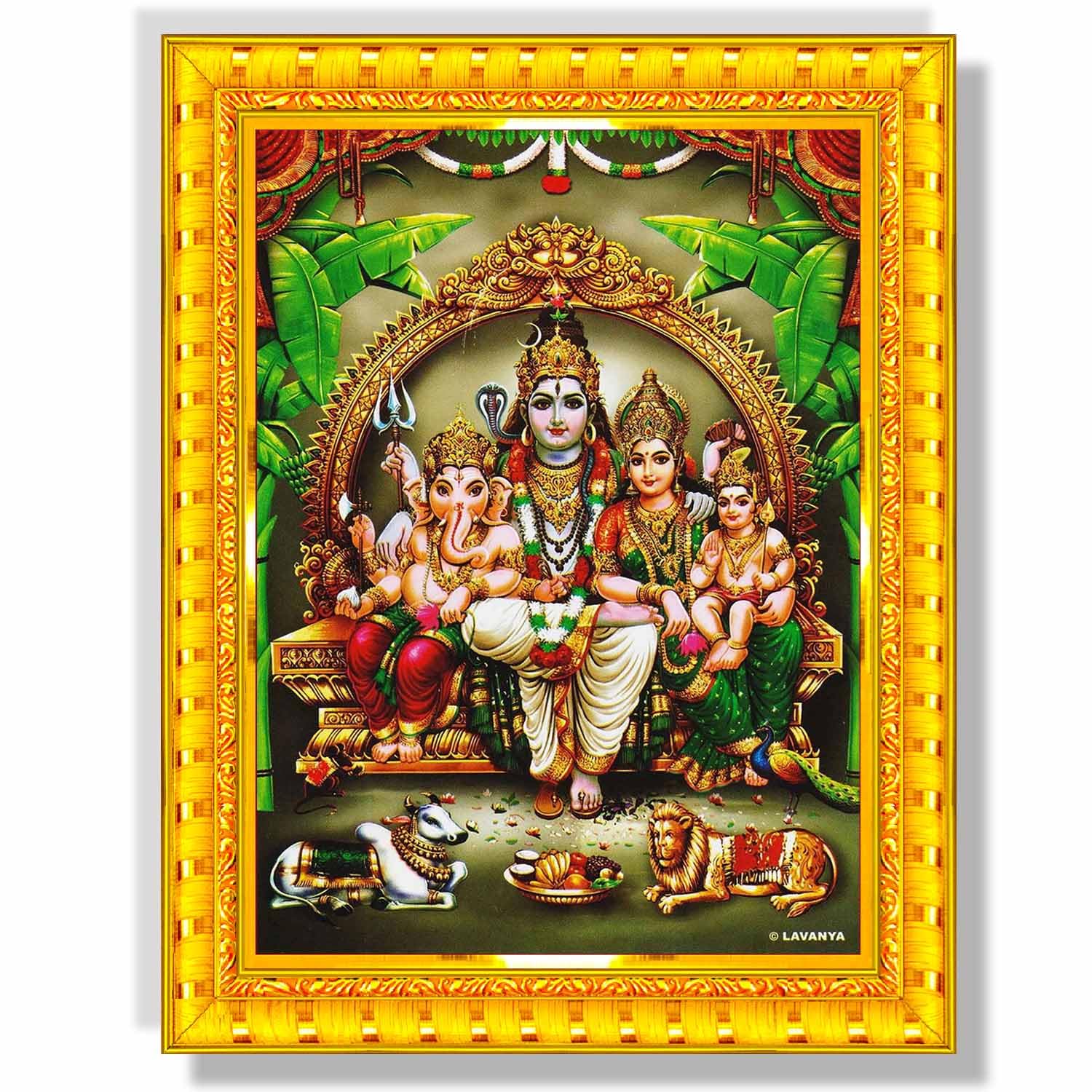 Pavan Photo Laminations Shiv Parivar Family Siva Parvati Lord Shiva Wall Painting Framed Home Decor (Wood,Matte,Gold,Big Size,10 x 12 Inch) R147M