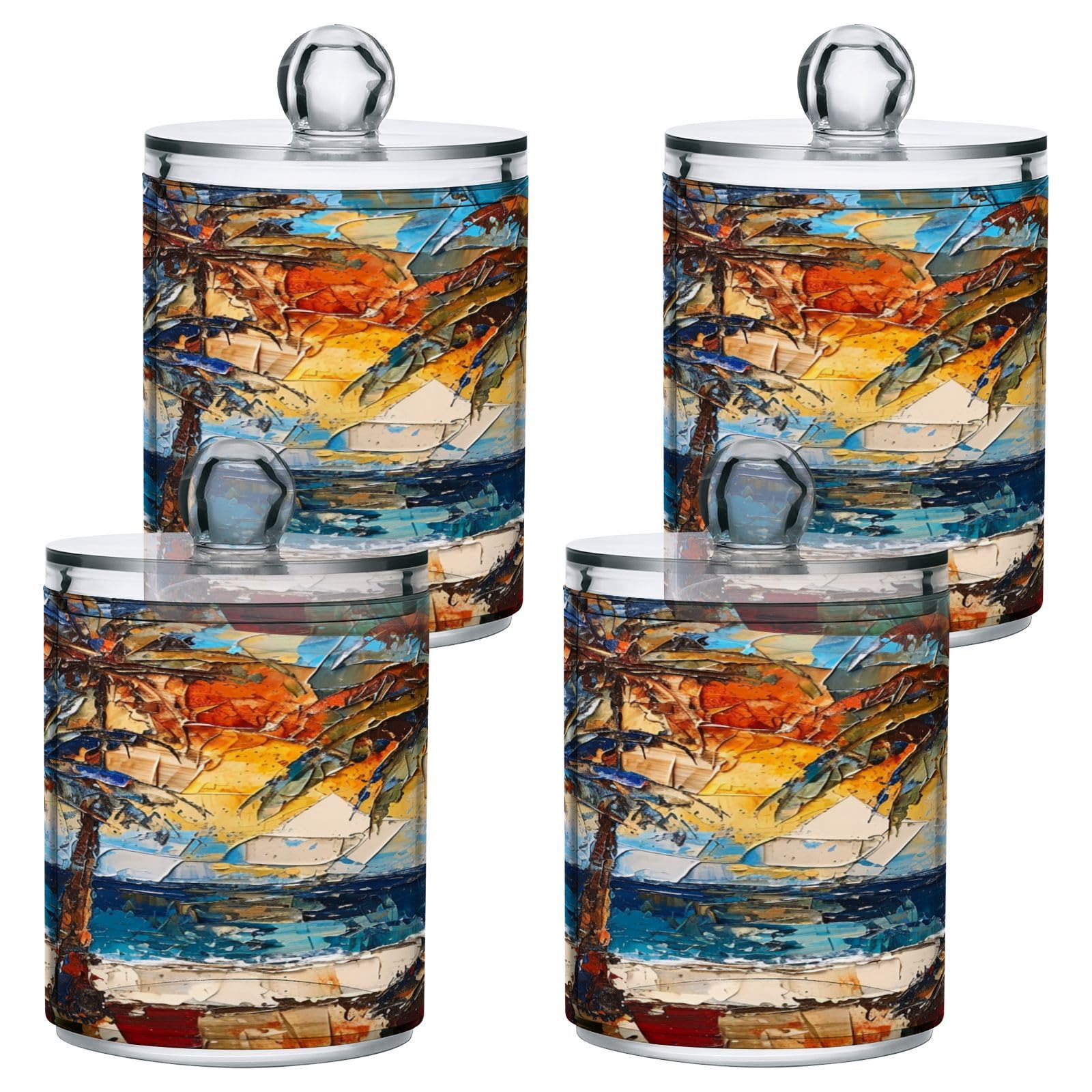 JJoias Palms Tree Skys-2 Qtip Holder Dispenser, Apothecary Jars, Cotton Balls Pads Swabs Holder Jar, Organizers with Lid, 4 pack