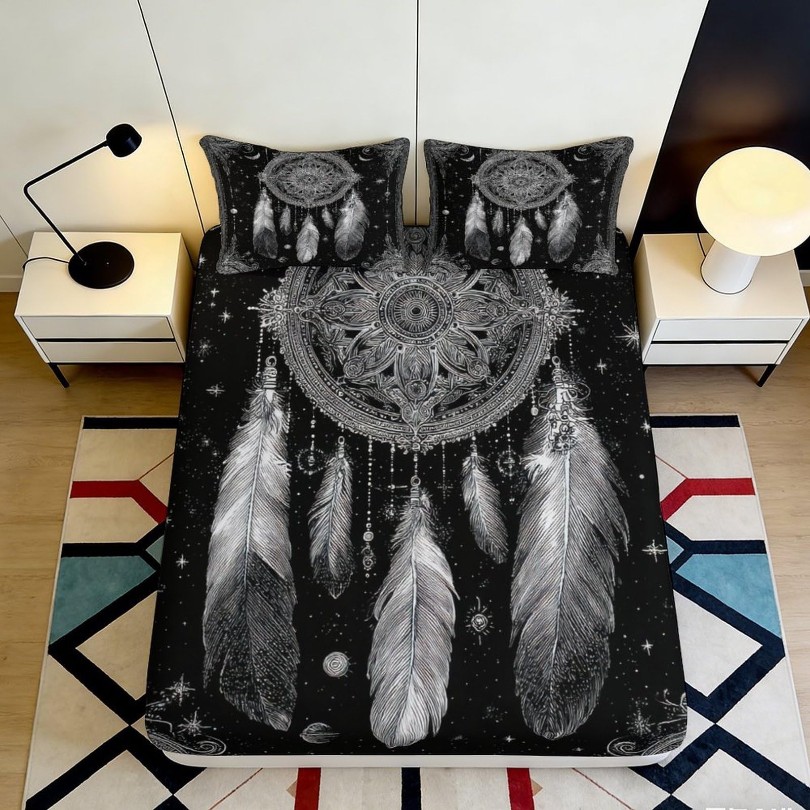 Decorative Dreamcatcher Fitted Sheet 3D Printed, Soft Touch Microfiber, Black Bed Cover, Bedroom Apartment Bedding, Wrinkle Resistant, Easy Care, 117 90x200x25cm