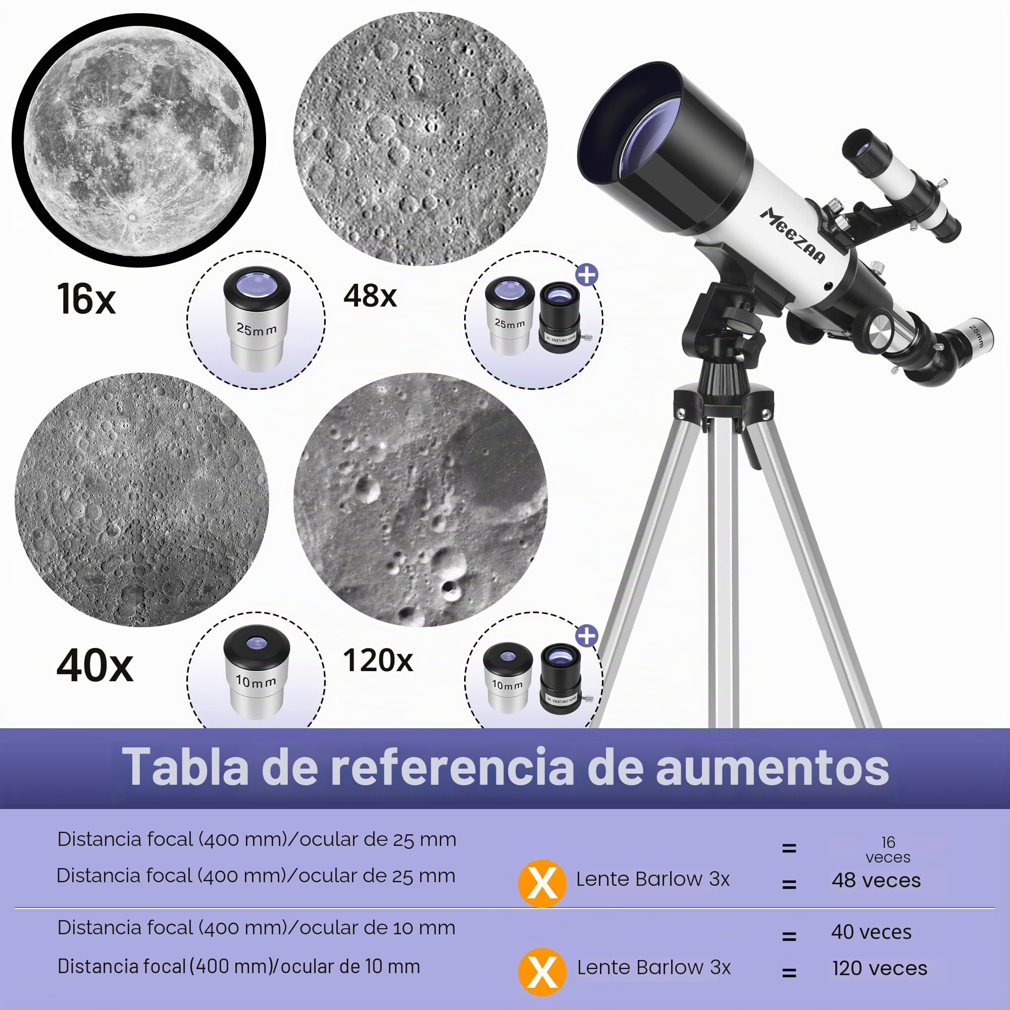 MEEZAA Telescopio Astronómico Profesional para Niños y Adultos, 70 mm Apertura Telescopio Refractor Astronómico para Principiantes, Telescopios de Viaje Portátil con Trípode, Adaptador de Teléfono