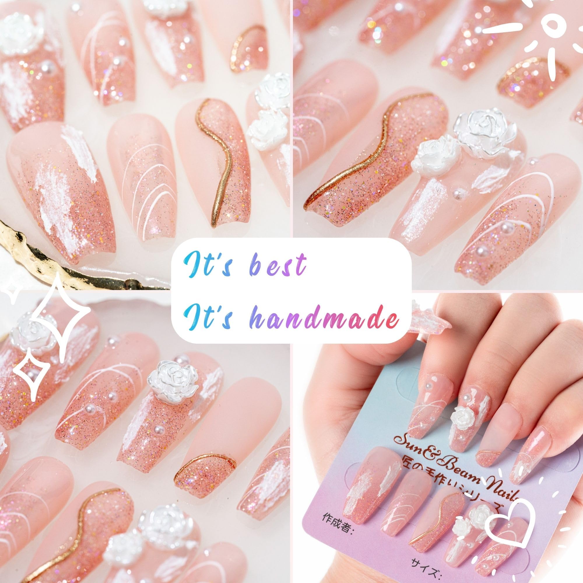 Sun&Beam Nails Handmade Press On Nail Long Coffin Ballerina Pink Flower Acrylic Fake Tip 3D Design Art Charms Cute with Storage Box 10 Pcs (S) - 3