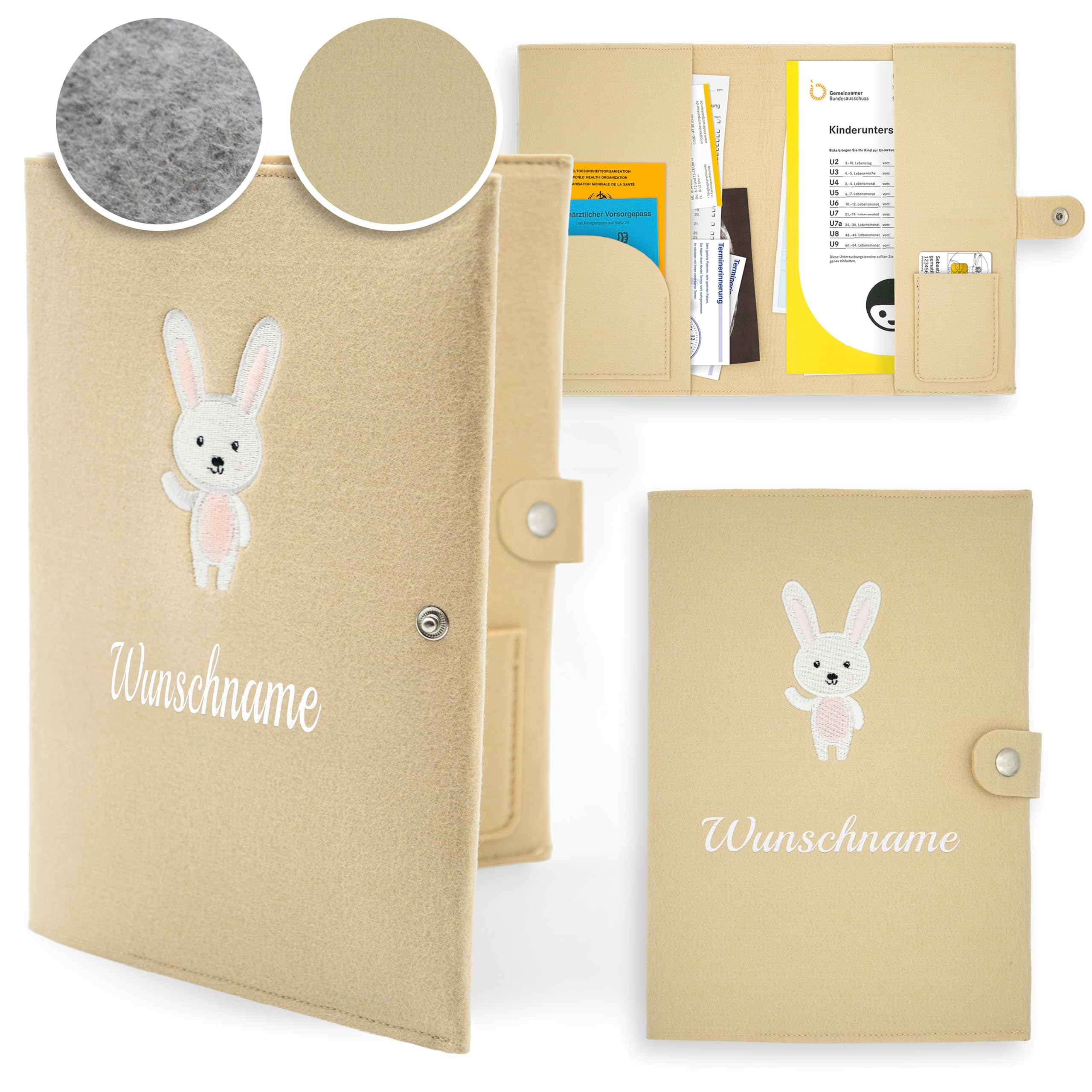 U Hefthülle personalisiert - U-Heft Hülle aus Filz mit gesticktem Namen und Motiv (Beige)