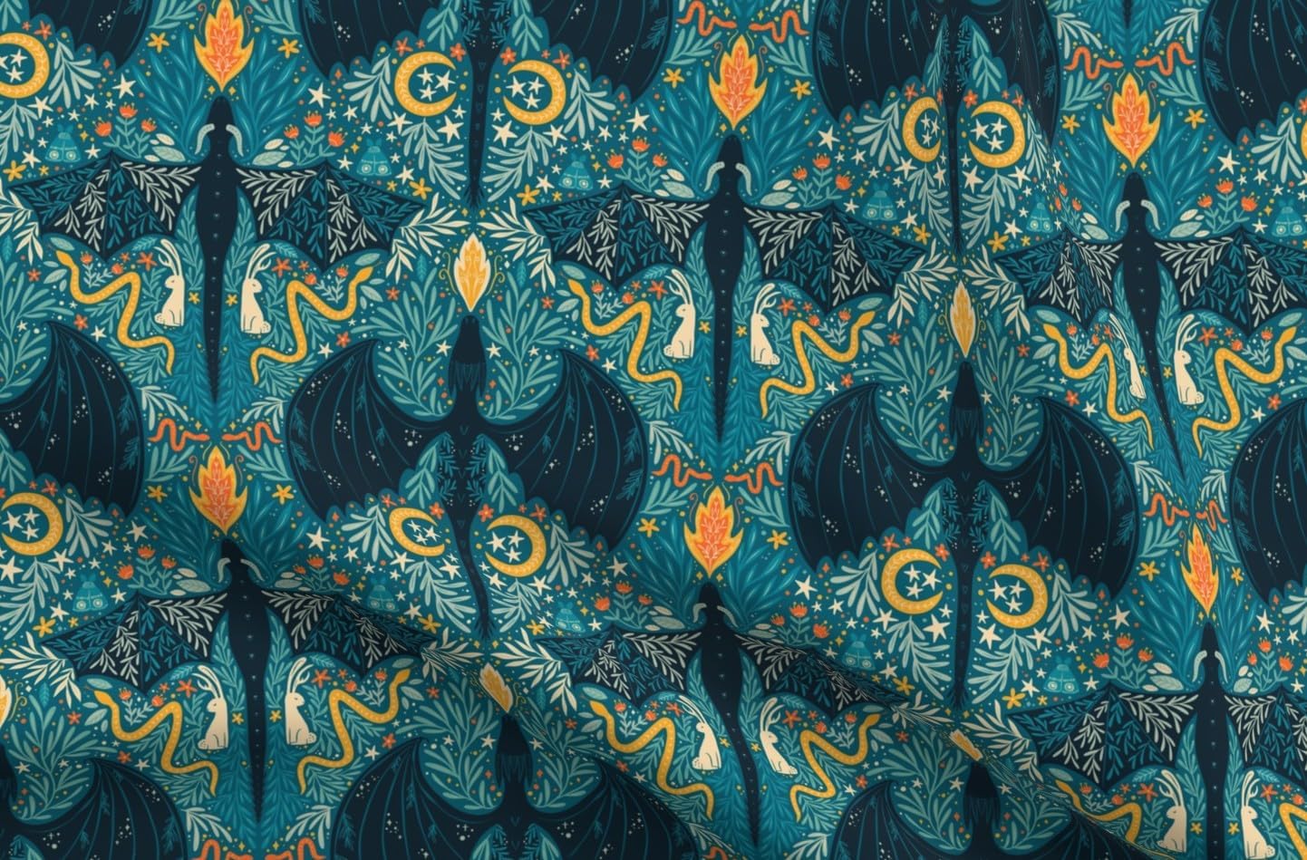 Spoonflower Fabric - Maximalist Whimsical Fairytale Enchanted Dragons Forest Colorful Moon Printed on Petal Cotton Fabric Fat Quarter - Sewing Quilting Apparel Crafts Decor
