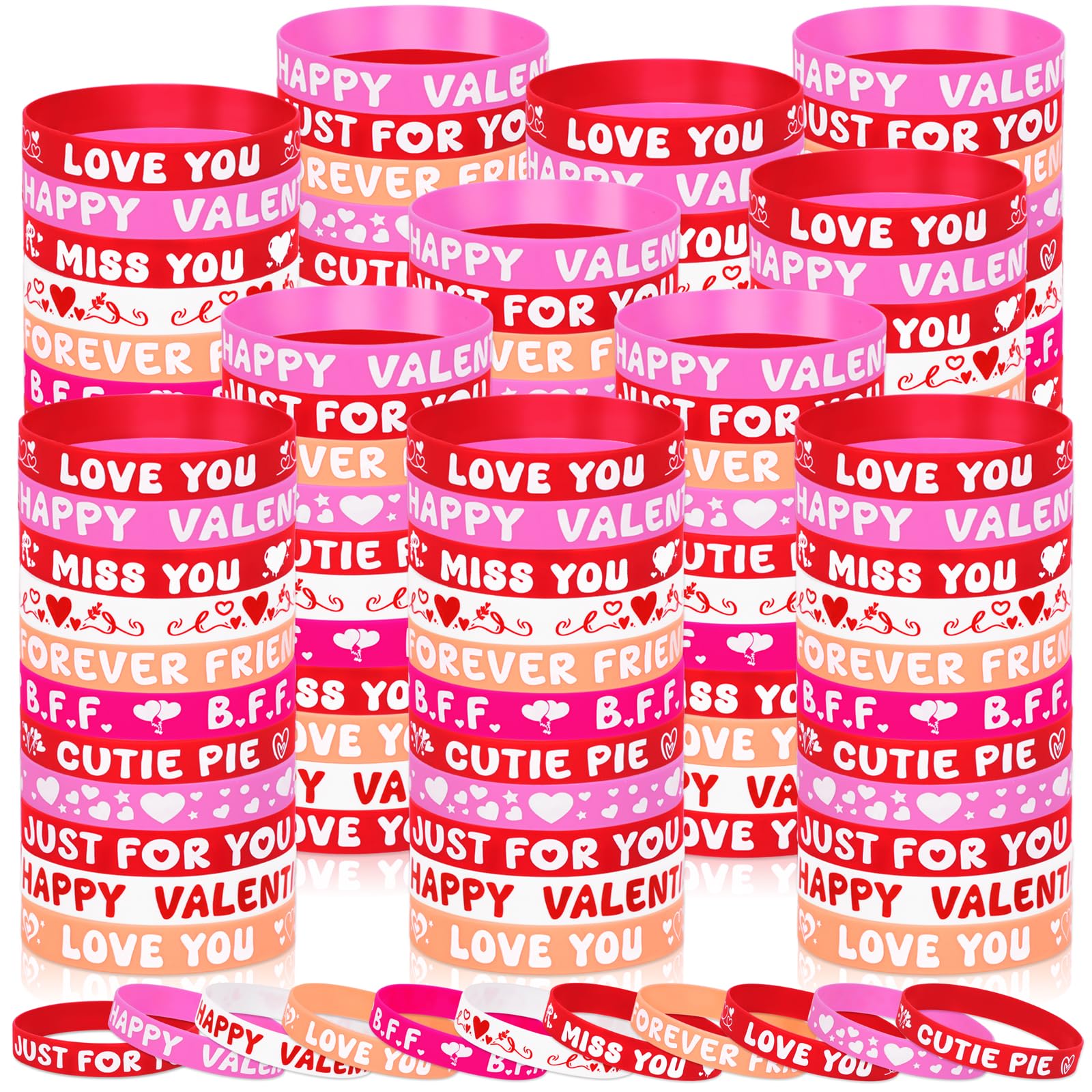 Moon Boat 144PCS Valentine's Day Silicone Bracelets Bulk Pink Red Love Heart Rubber Wristbands for Adults Valentines Wedding Party Decorations