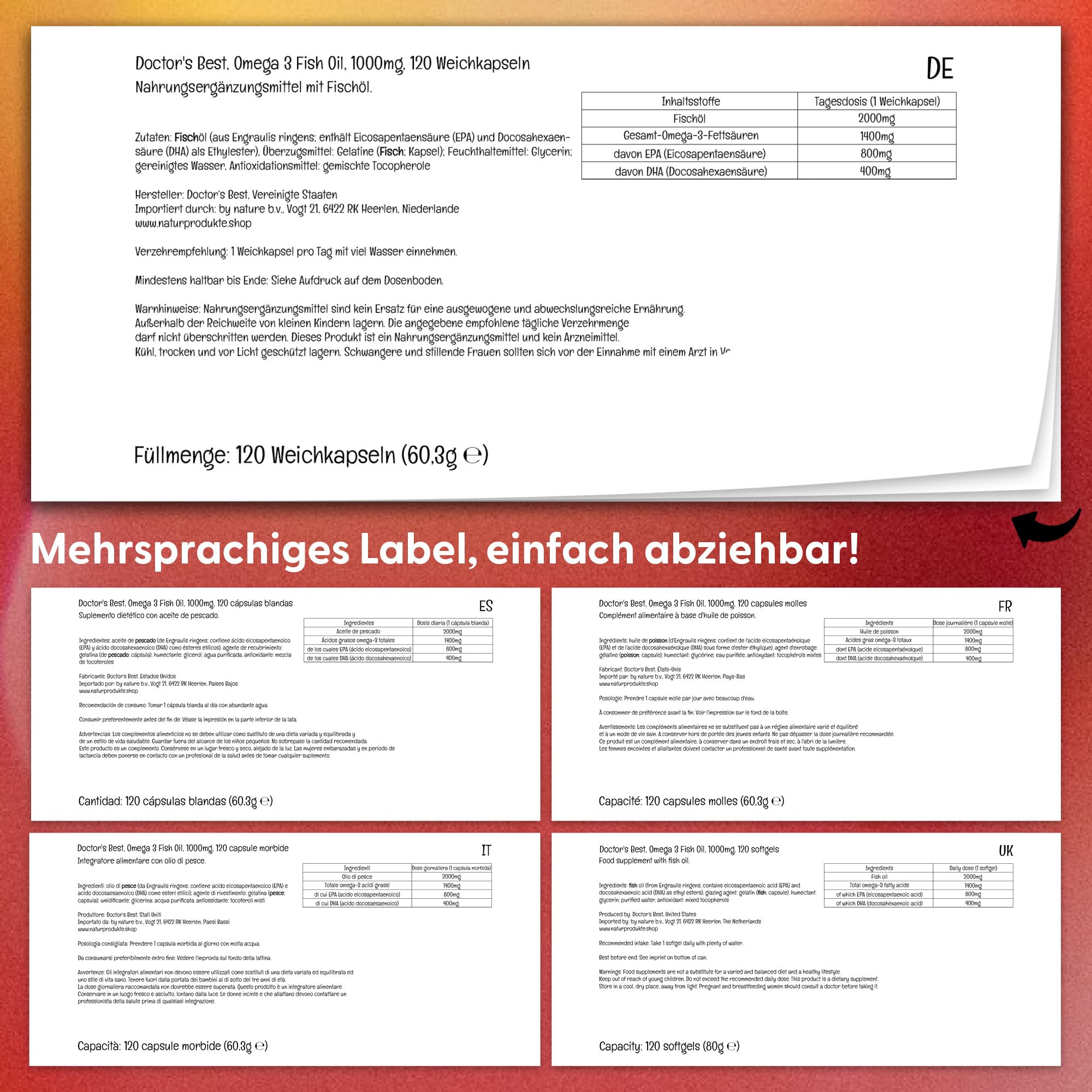 Doctor's Best, Purified & Clear Omega-3 Fish Oil (Fischöl), 1.000mg, mit den Omega-3-Fettsäuren DHA und EPA, 120 Kapseln, Laborgeprüft, Glutenfrei, Sojafrei