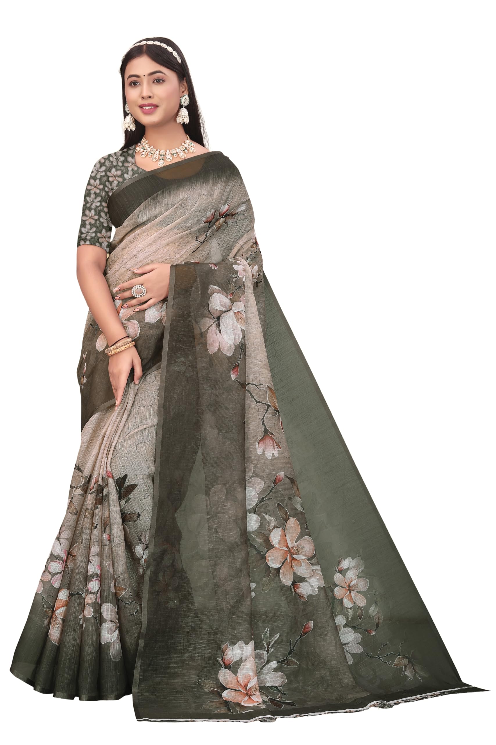 Digital Print Georgette Blend Saree, Olive Green and Beige, Floral Print, Festive and Casual Wear-image-28