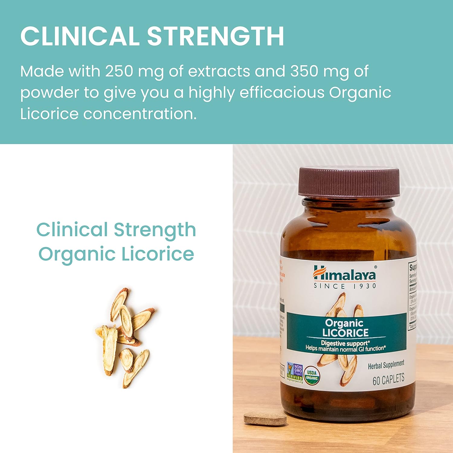 Himalaya Organic Licorice, 120 Day Supply - Digestive Health Supplement for Upset Stomach, Occasional Bloating and Heartburn - USDA Organic, Vegan, Non-GMO, Non-DGL, Gluten Free, 60 Caplets, 2 Pack - Image 6