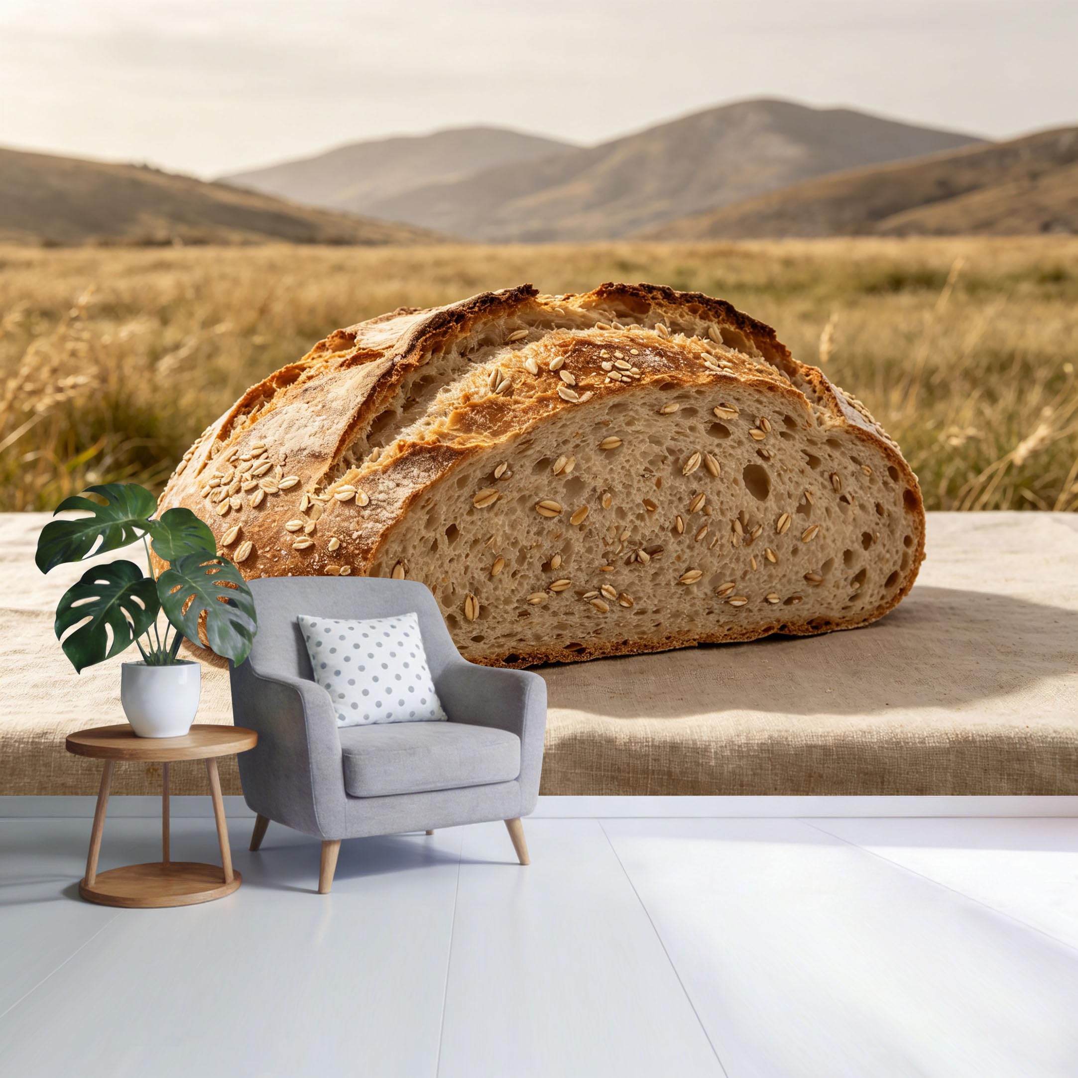 Custom Size Wall Mural Rustic Artisan Bread Loaf on Countryside Field Landscape Photography SelfAdhesive Wall Fabric Removable Wallpaper for Home Office Decor
