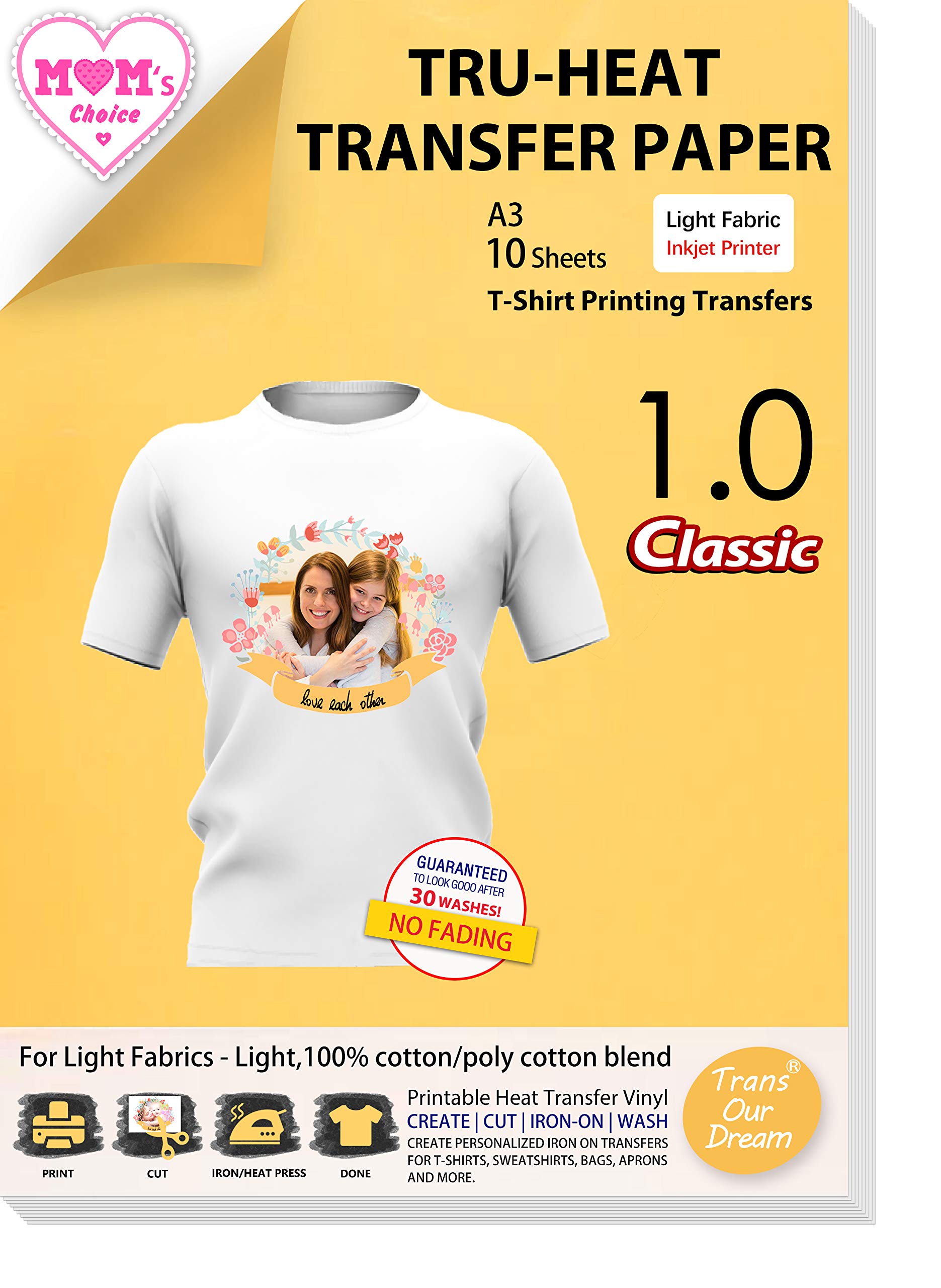 Amazon Com Transourdream Tru Iron On Heat Transfer Paper For Light Fabric 10 Sheets A3 Size Iron On Transfers Paper For White And Light T Shirts Printable Heat Transfer Vinyl For Inkjet Printer Tod 03