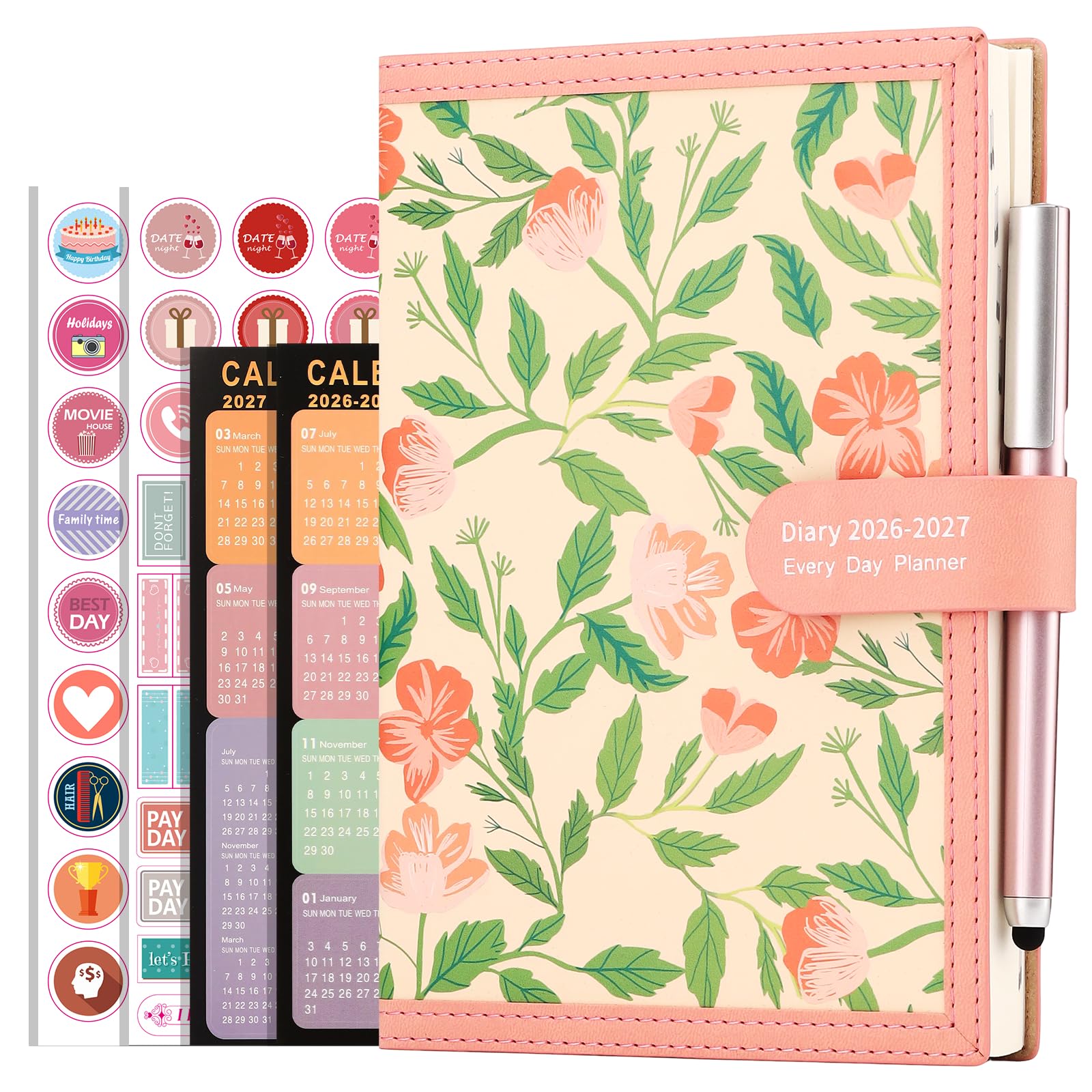 Mljtoyo Academic Diary 2026-2027 A5 Page a Day,Soft Cover Organiser Daily Planner from Jul 2026 to Jun 2027,A5 Day to Day Planner with Pen,Stickers,Back Pocket,3Bookmarks (PINK, A5)