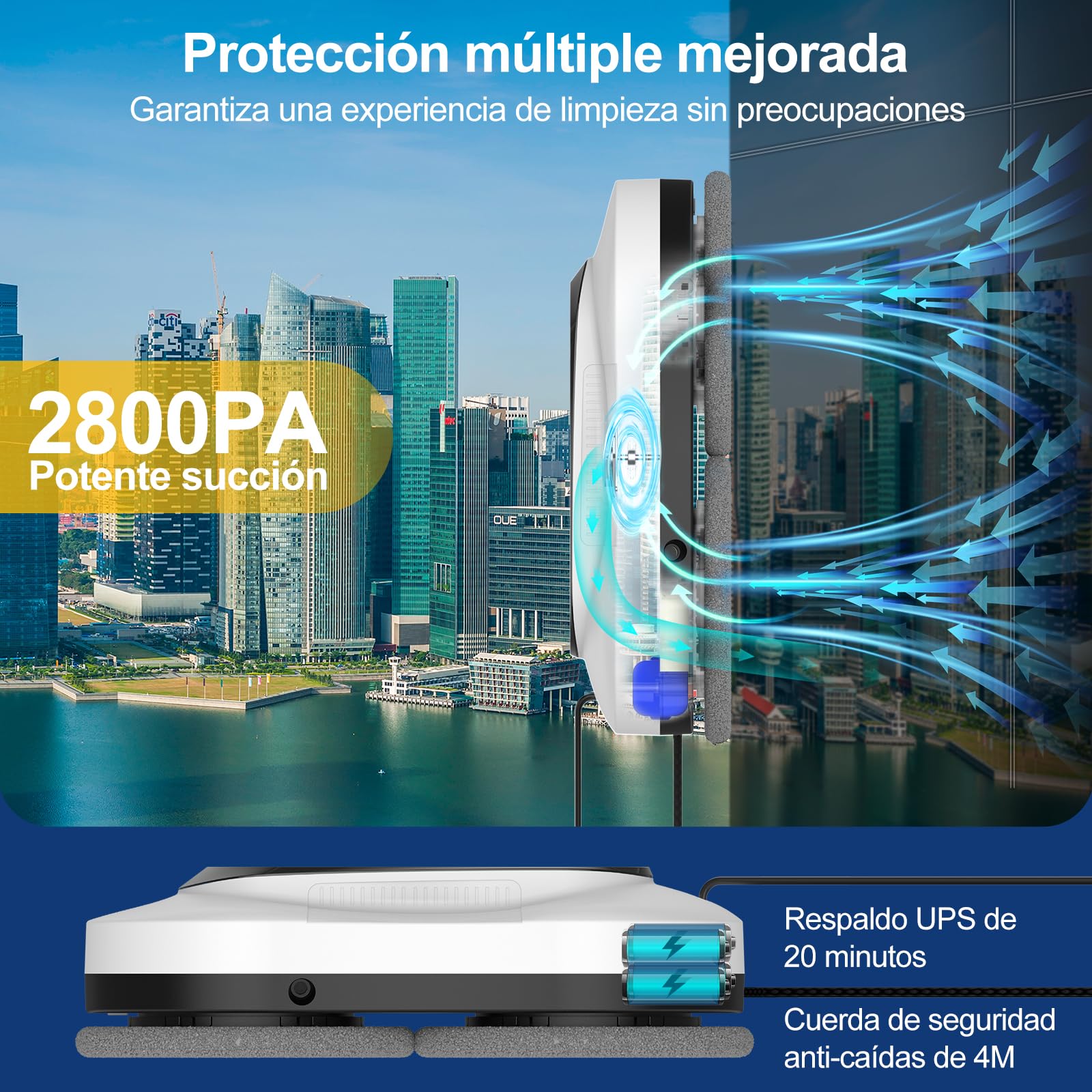 Robot Limpiacristales Inteligente, Limpiador Eléctrico de Ventanas con Doble Rociado de Agua, Control Remoto y por Aplicación, para Ventanas Interiores y Exteriores, Incluye 12 Paños, Blanco