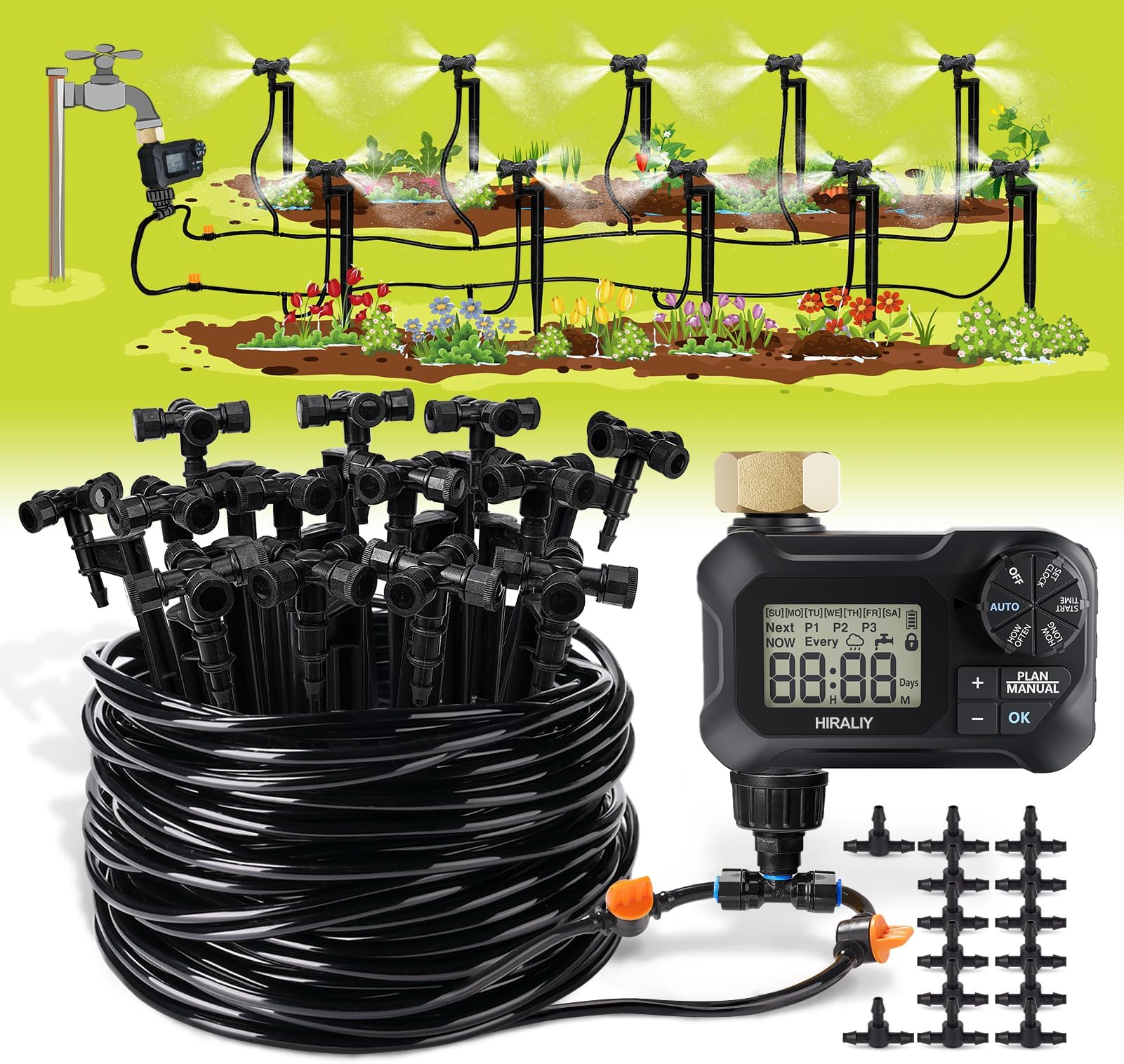 HIRALIY65FT Automatic Drip Irrigation Kits with Garden Timer, 1/4" Blank Tubing and 4-outlets Misting Watering Nozzles, Auto Plant Watering System for Patio Lawn, Watering Regularly by Timer