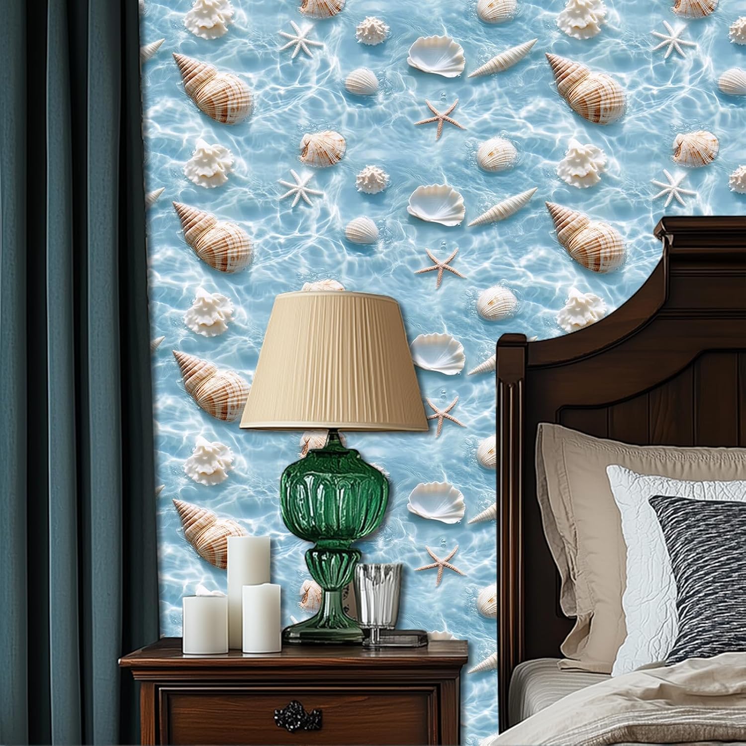 HOMETITUTE Beach Wallpaper Peel and Stick Wall Paper Shell and Starfish Contact Paper Ocean Wall Sticker Removable Self Adhesive Vinyl Wallpaper for Bathroom Coastal Room Decor 15.7"x39.4"