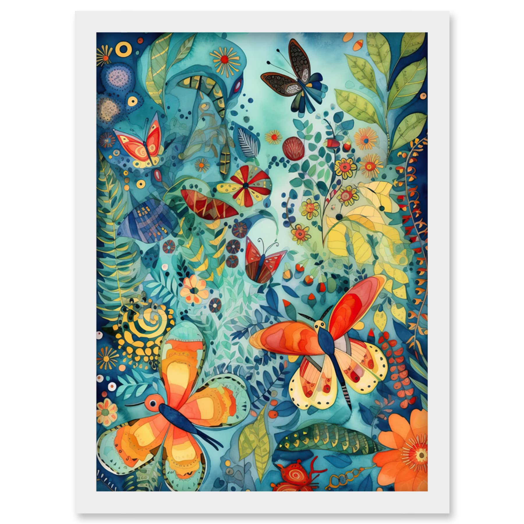 Butterfly Insects Flower Field Framed Wall Art Print A4 - Modern Folk Art Artwork - Artery8