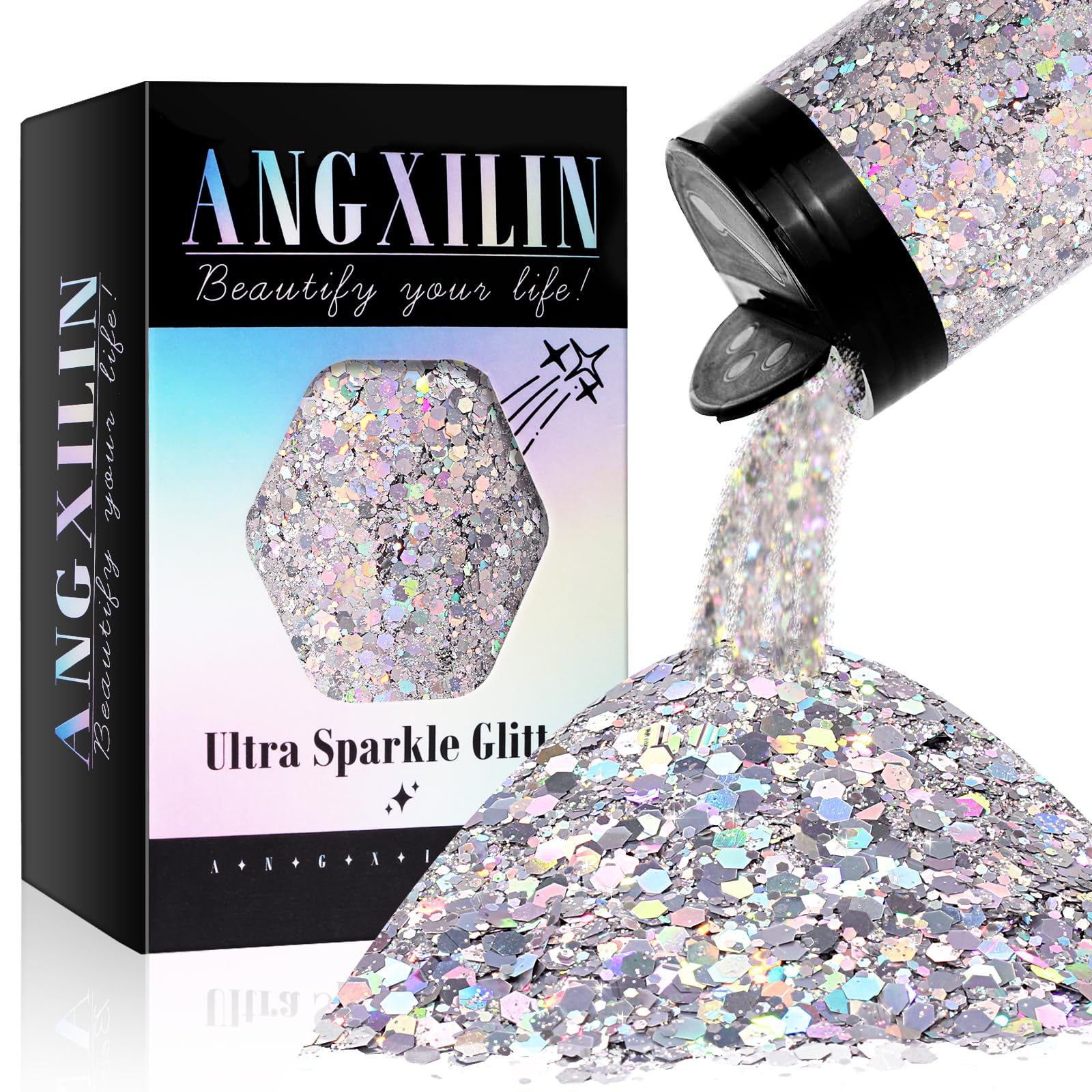 ANGXILIN Holographic Chunky & Fine Mixed Glitter, 190g/6.7oz - Laser Silver for Face, Body & Nail Art, Epoxy Resin Tumbler & Jewelry Making