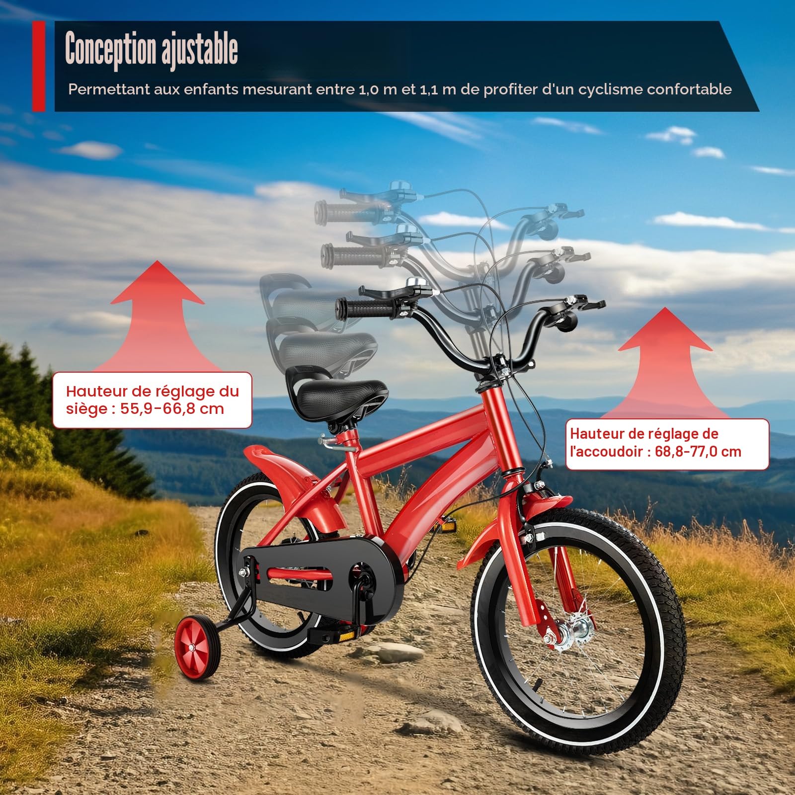 Vélo pour enfant de 3 à 6 ans, vélo avec roues stabilisatrices amovibles, double système de freinage, siège et accoudoirs réglables, plusieurs couleurs