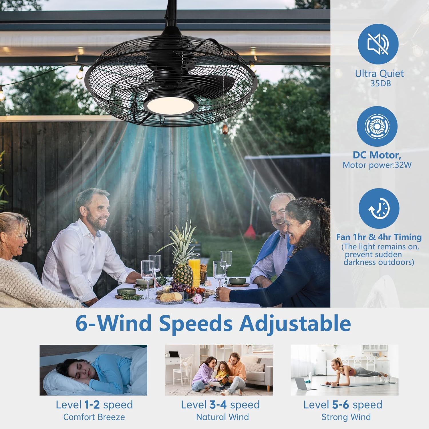 Outdoor Black Ceiling Fans with Light for Patio, 20 Inch Plug in Ceiling Fan Pull Chain&Remote Control, IP65 Waterproof Gazebo Fan, 3CCT, Caged Ceiling Fan with 3 Hooks for Porch Pergola