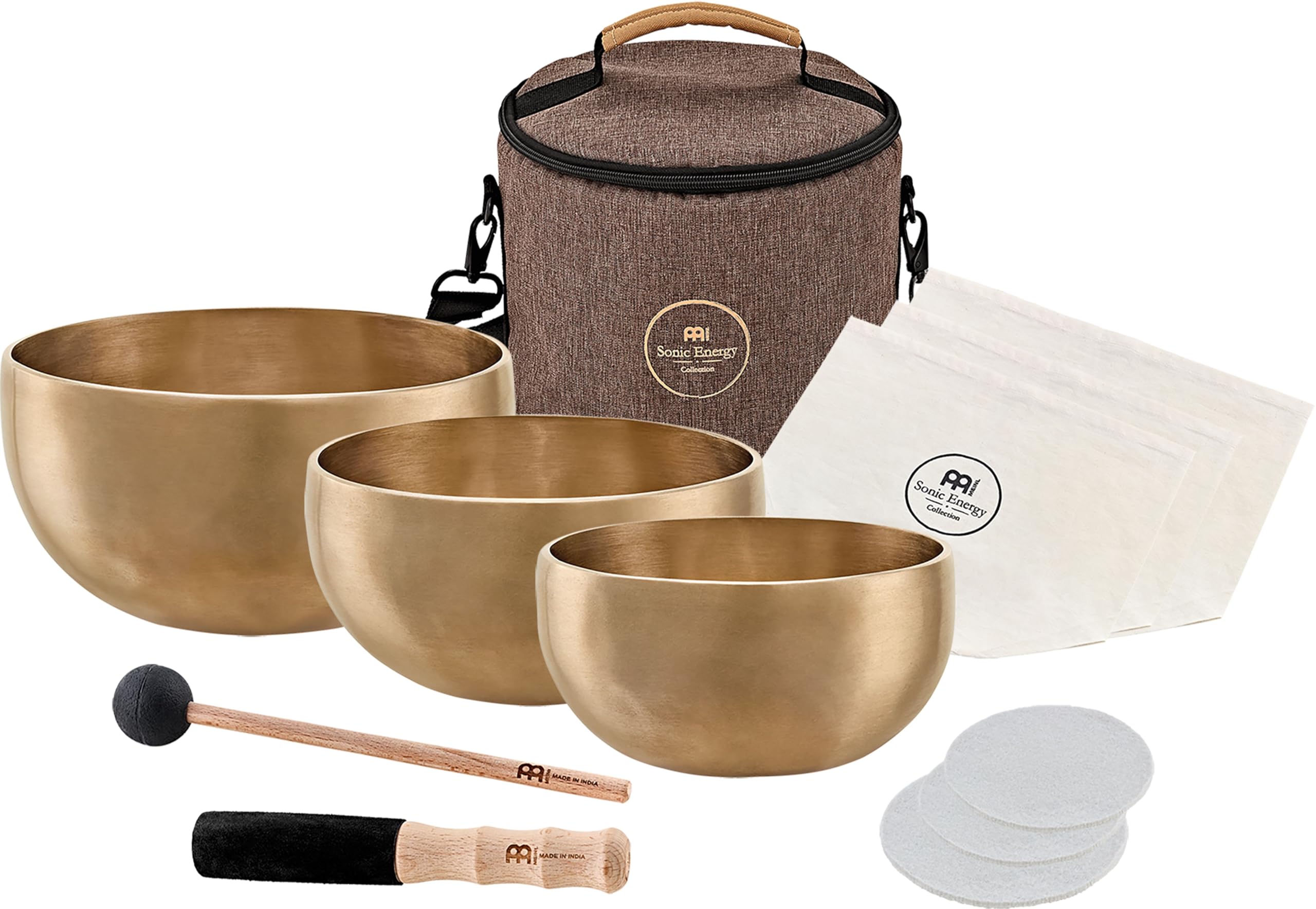 Sonic Energy Klangschalen Yoga Nidra Set – 400/500/600 g – Für Entspannungsyoga, Shavasana – Inkl. Fleece Pad, Untersetzer, Schlägel, Tasche (SB-Y1)