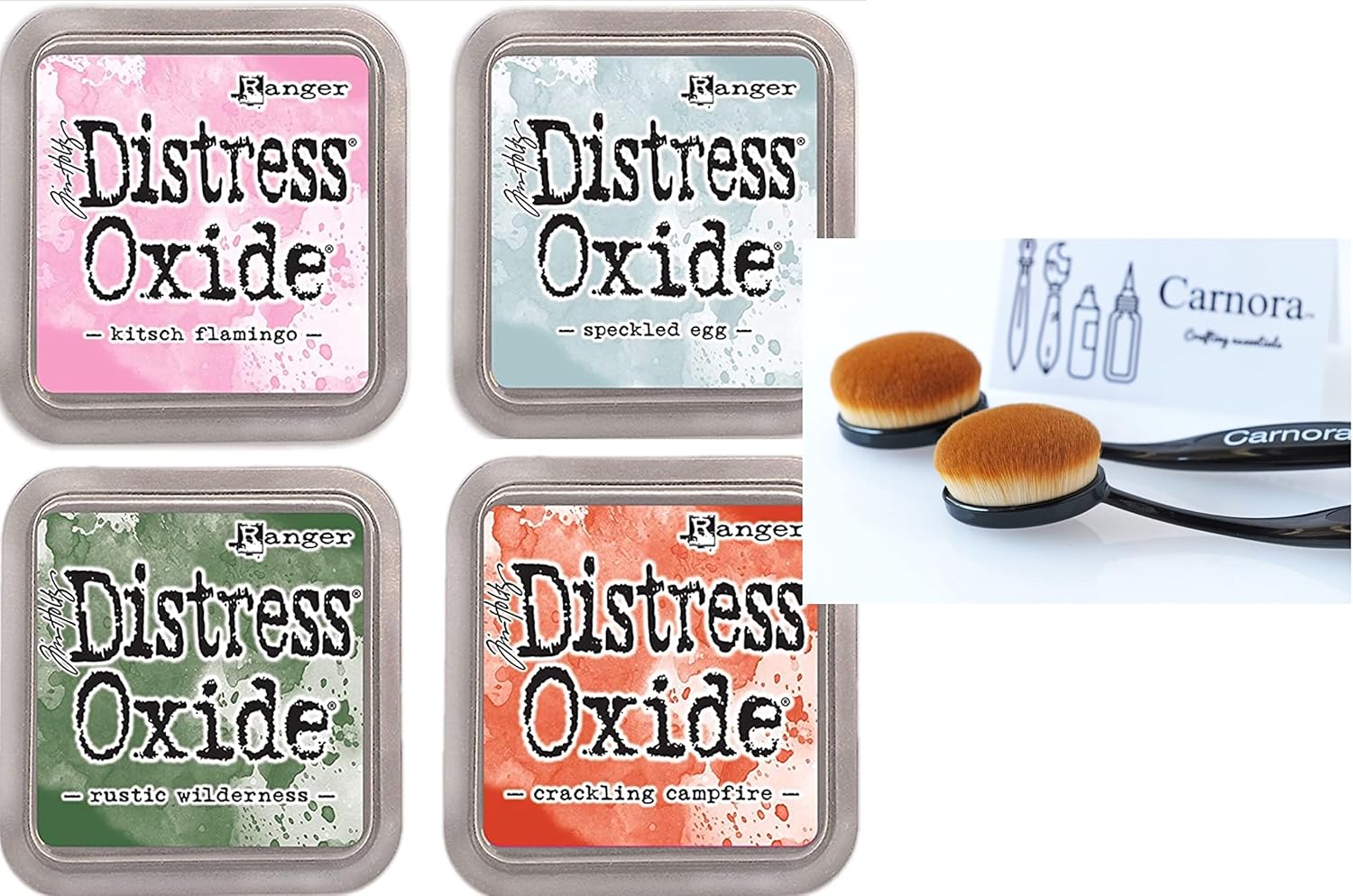 Tim Holtz Distress Oxide Ink, Kitsch Flamingo, Speckled Egg, Rustic Wilderness, Crackling Campfire, 4 Fullsize Inkpads Plus 2 Carnora Blending Brushes
