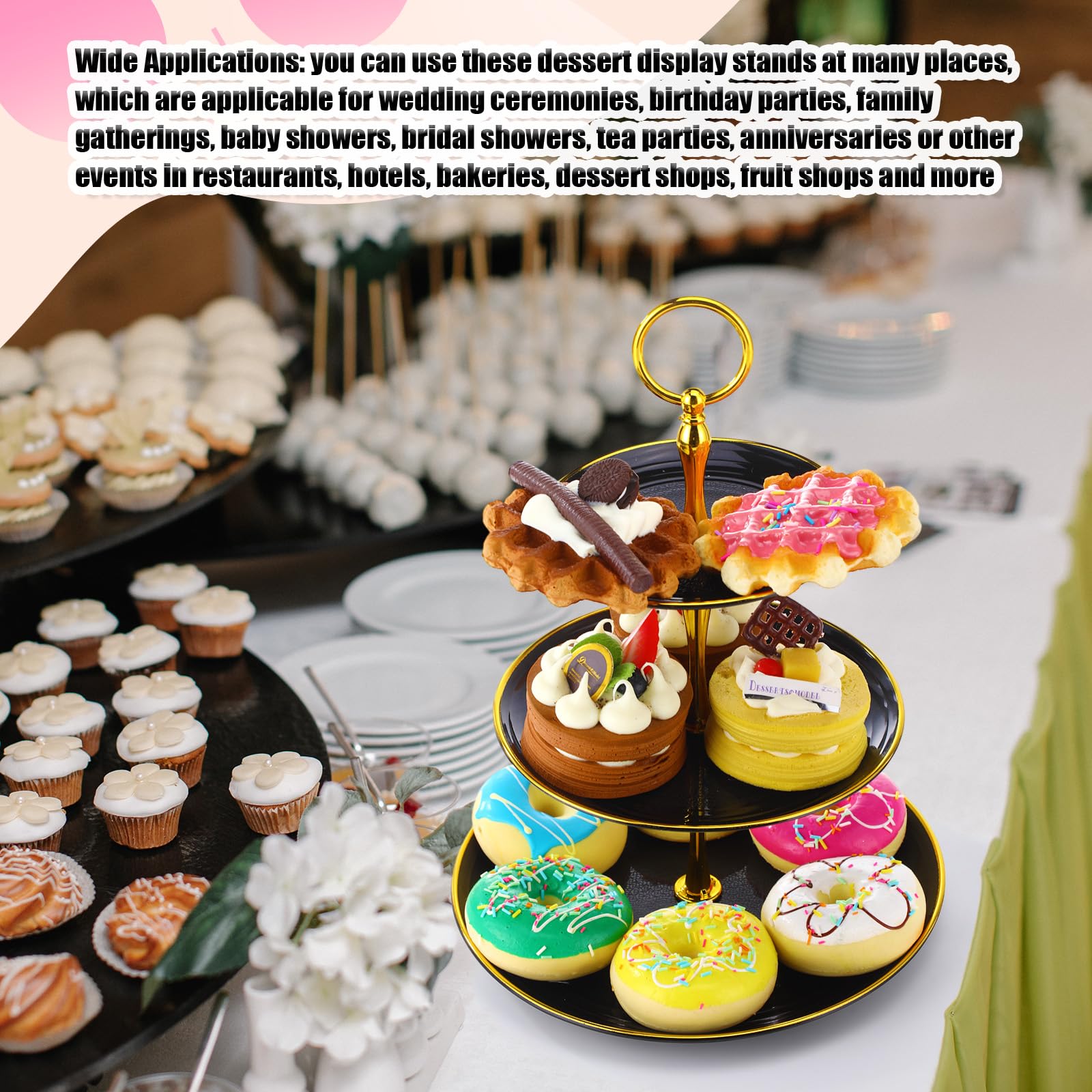3-PCS Black Cake Stand Set (8"/10"/12" Plate) For 6-10 Inch Cakes, Perfect Dessert Table Display Set, Cupcake&Cake Stands For Halloween, Black And Gold Party Decorations (Metal
