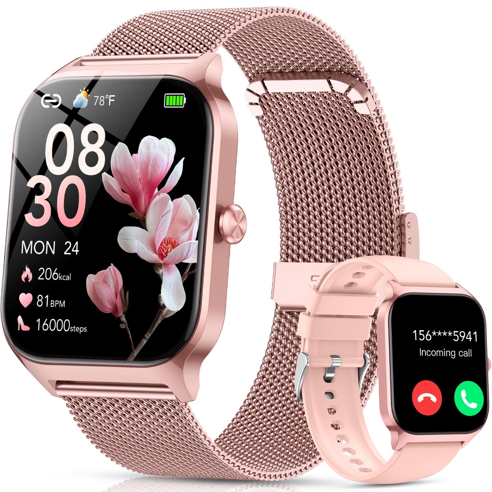 Smartwatch Donna,1.85"Orologio Smartwatch Chiamate Bluetoot 2 Cinturini | 120+ Sportive con Contapassi/Sonno/Spo2/Stress/Cardiofrequenzimetro, Notifiche Whatsapp, IP68 Smart Watch per iOS Android