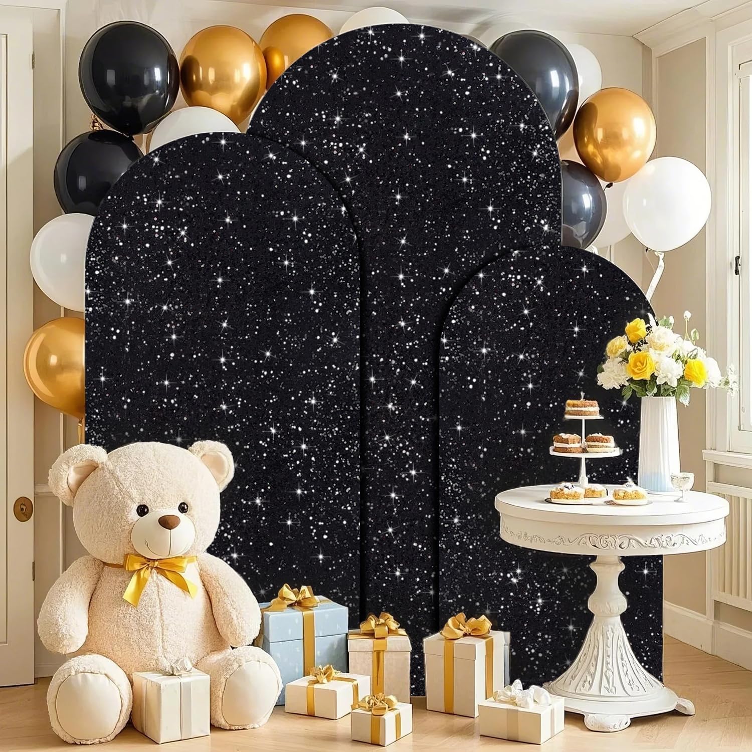FUHSY Set of 3 Arch Backdrop Cover 7.2FT/6.6FT/6FT Black Spandex Sequin Arch Covers Stretchy Backdrop Glitter Chiara Wedding Arches Stand Cover for Birthday Party Ceremony Decor Indoor Outdoor