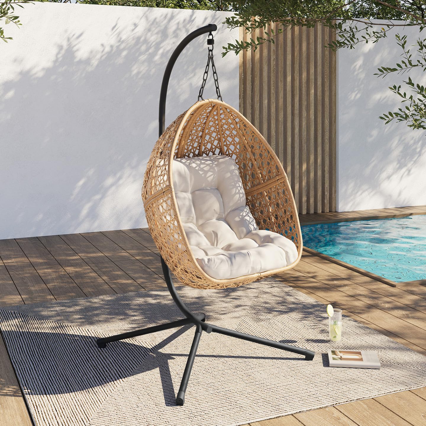 IDMarket - Fauteuil Lune Suspendu ajouré Effet rotin avec Coussin écru