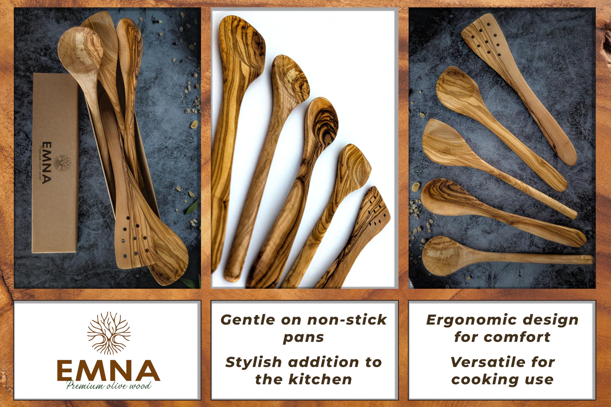 EMNA – Olivenholz Küchenutensilien Set | 5-teiliges Kochlöffel & Küchenhelfer Set Holz | Handgefertigt Unikat | Geschenkbox mit Zertifikat vom Gründer | Geschenkidee Weihnachten Geburtstag Hochzeit