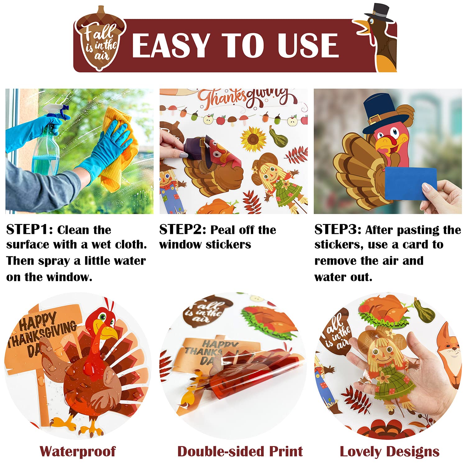 8 Feuilles Thanksgiving Autocollant Fenetre, Verre Autocollant Feuille D'érable Auto-adhésif, Automne Fenêtre Sticker Feuille D'érable, Pour