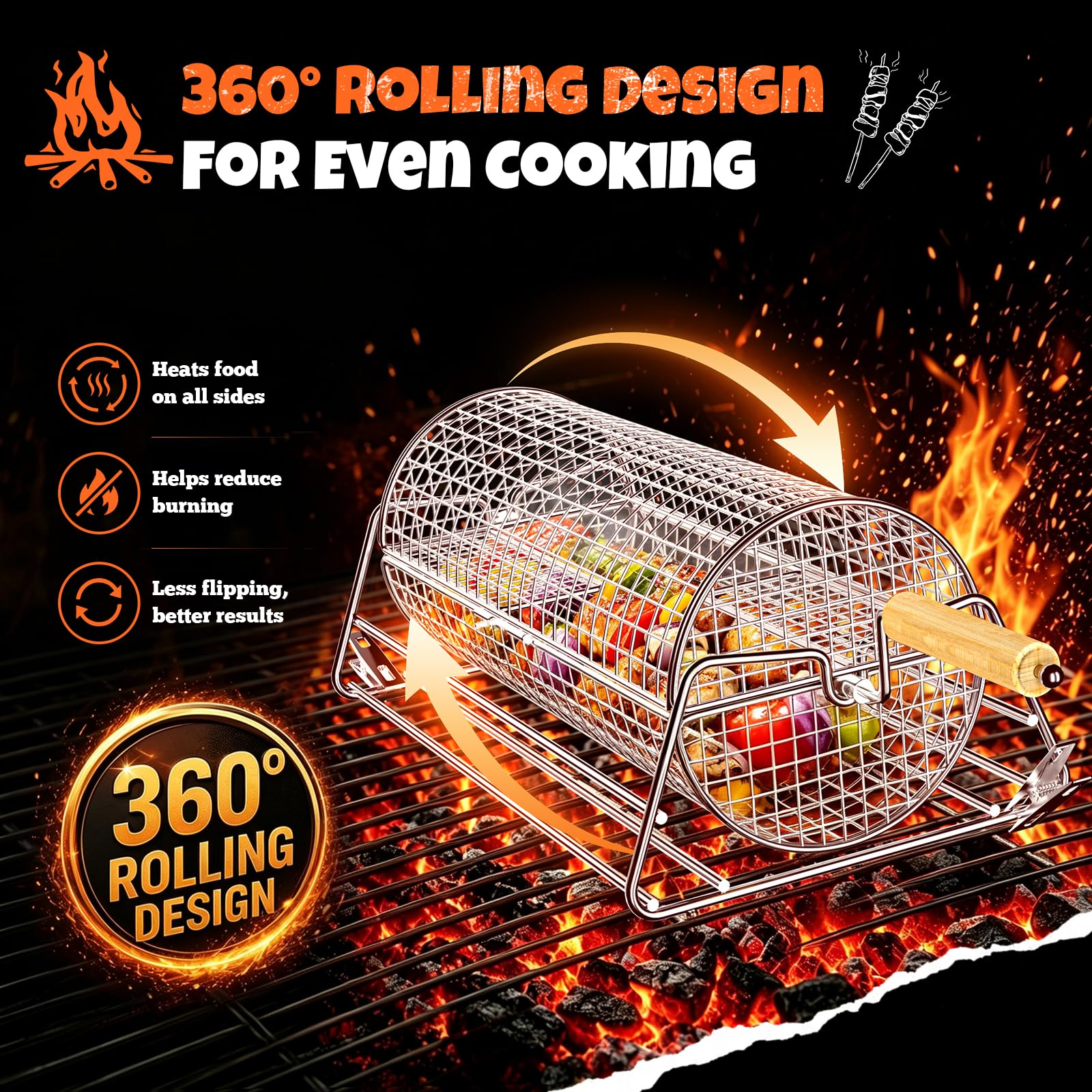 Kosz do grillowania 2 w 1 ze stali nierdzewnej 304, obrotowy kosz BBQ z korbką i prostym uchwytem, siatka do grillowania warzyw, krewetek i mięsa, prezent dla mężczyzny
