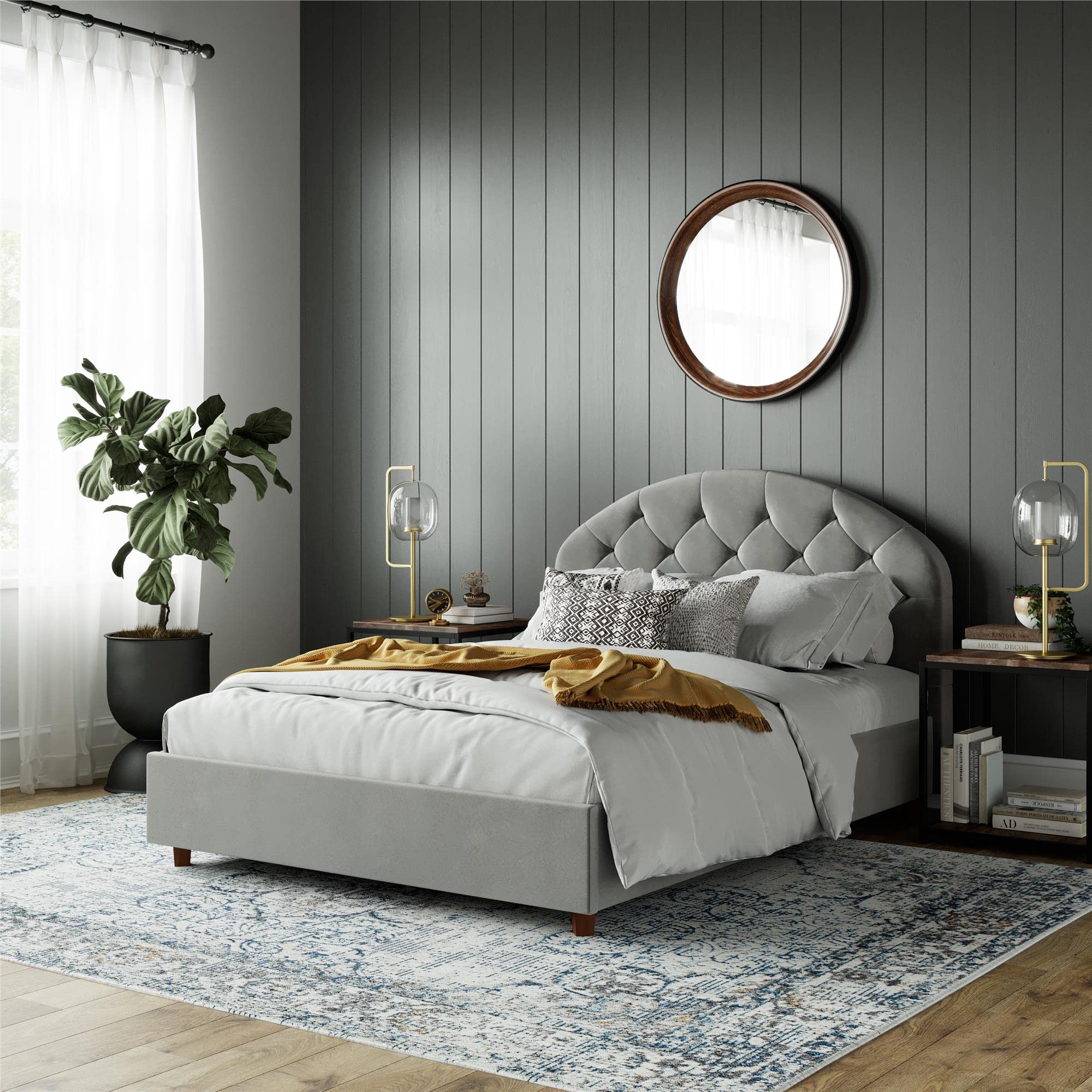 Dorel Aspen King Upholstered Bed - Grey Velvet - Diamond Tufting