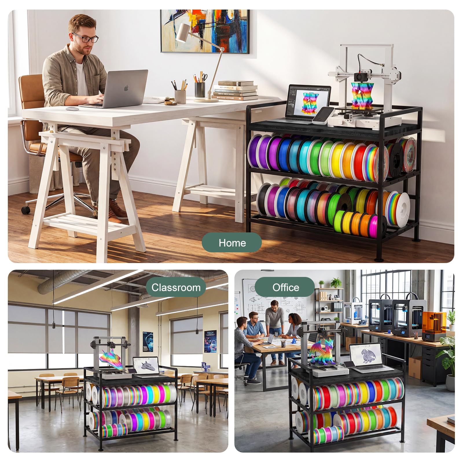 Supporto di Stoccaggio per Filamenti 3D da 840 x 550 x 760 mm Ripiano per Filamento per Stampante 3D a 3 Livelli con Contenitore per Filamenti e Ruote, per Ufficio e Officina, Nero