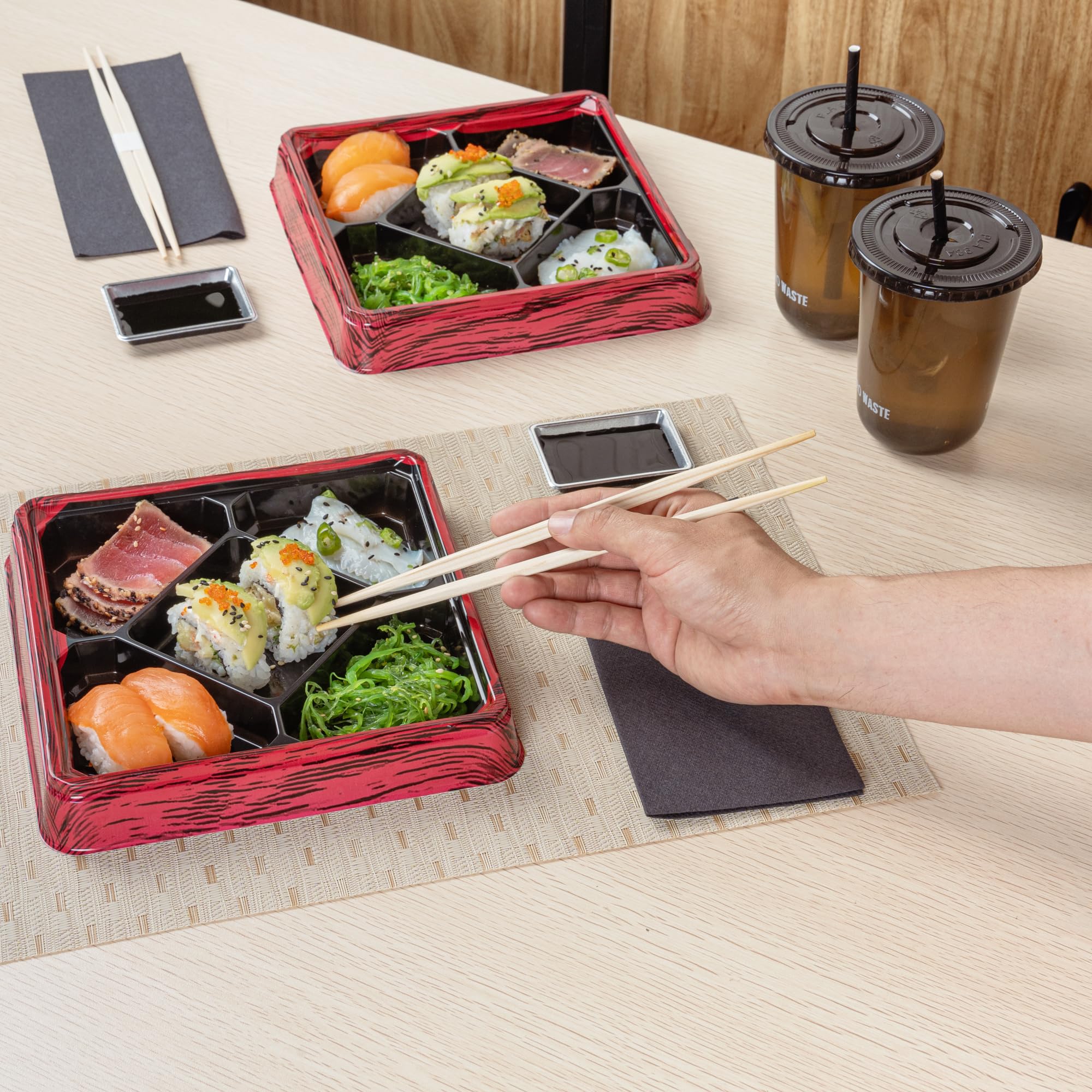 Restaurantware -Bento Tek - Contenedores de preparación de comidas de 18 onzas, 50 cajas desechables para alimentos, las tapas se venden por separado, 5 compartimentos, cajas de almuerzo Bento de