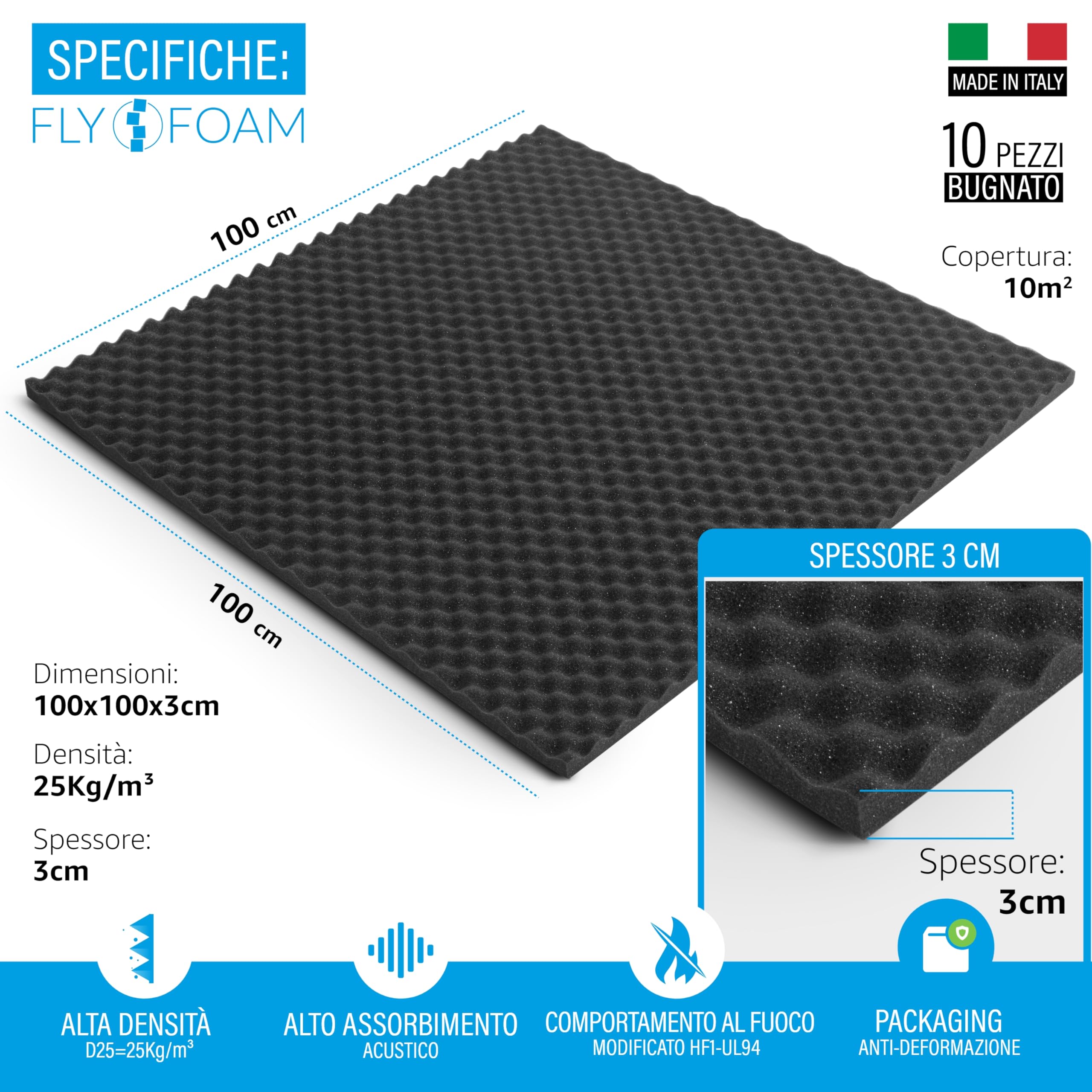 FLYFOAM | Pannello Fonoassorbente Bugnato in Poliuretano Espanso, 10 Pezzi da 100x100x3 cm, D25 con Comportamento al Fuoco HF1-UL94, per Assorbimento e Isolamento Acustico, Made in Italy