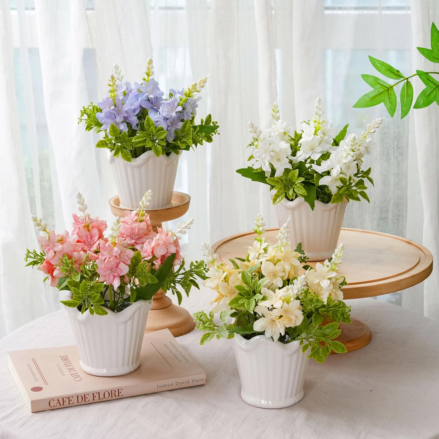 LUEUR 4PCS Artificial Spring Flowers with Ceramic Pot, Spanish Dagger Plants Centerpiece Table Decorations – Faux Flowers in Ceramic Vase for Dining Table, Coffee Table, Home, Office & Spring Decor