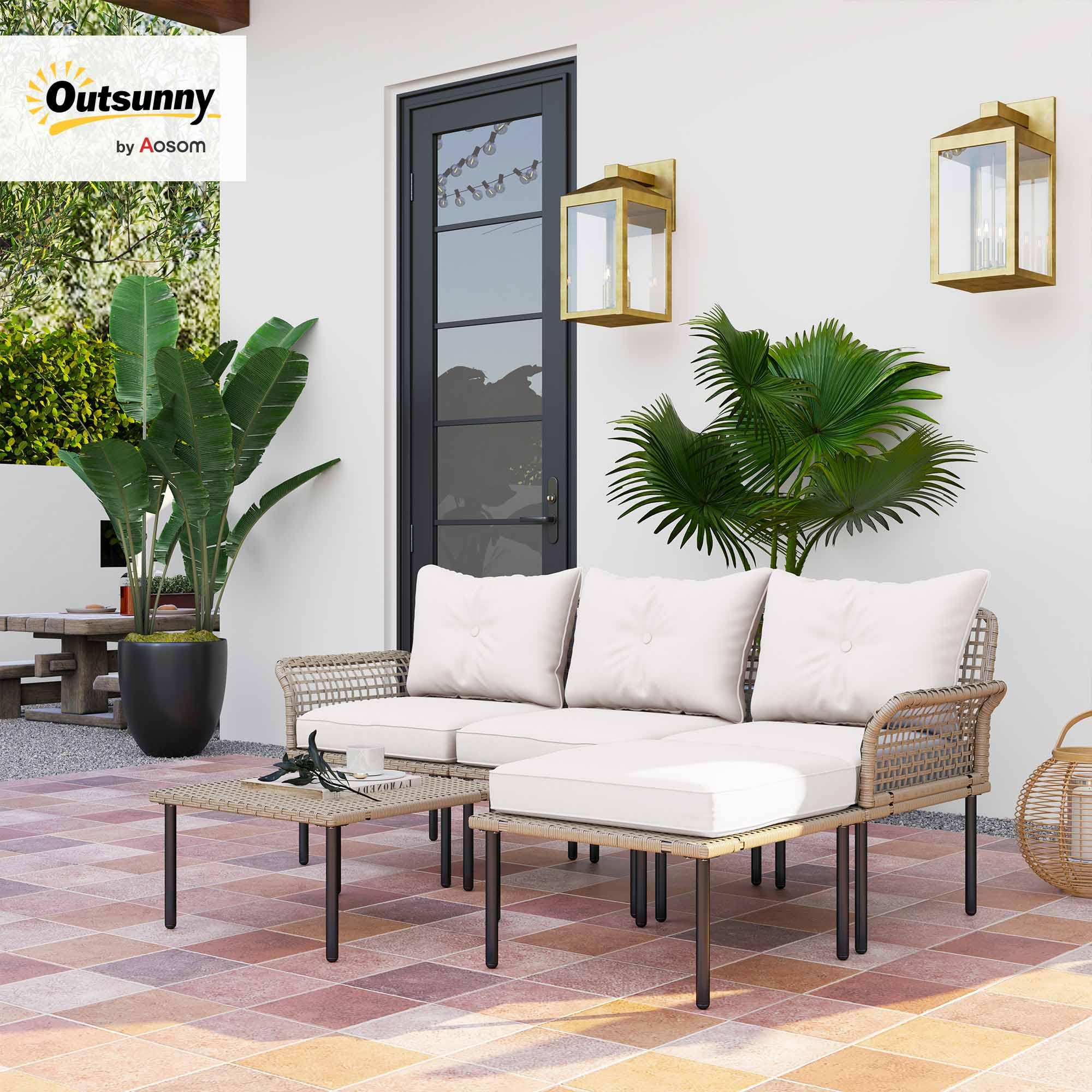 Outsunny Conjunto de Jardín Exterior de Ratán Sintético de 5 Piezas Muebles de Jardín Exterior Incluye 2 Sofás Esquineras 1 Sofá de Exterior 1 Taburete 1 Mesa de Centro con Cojines Crema