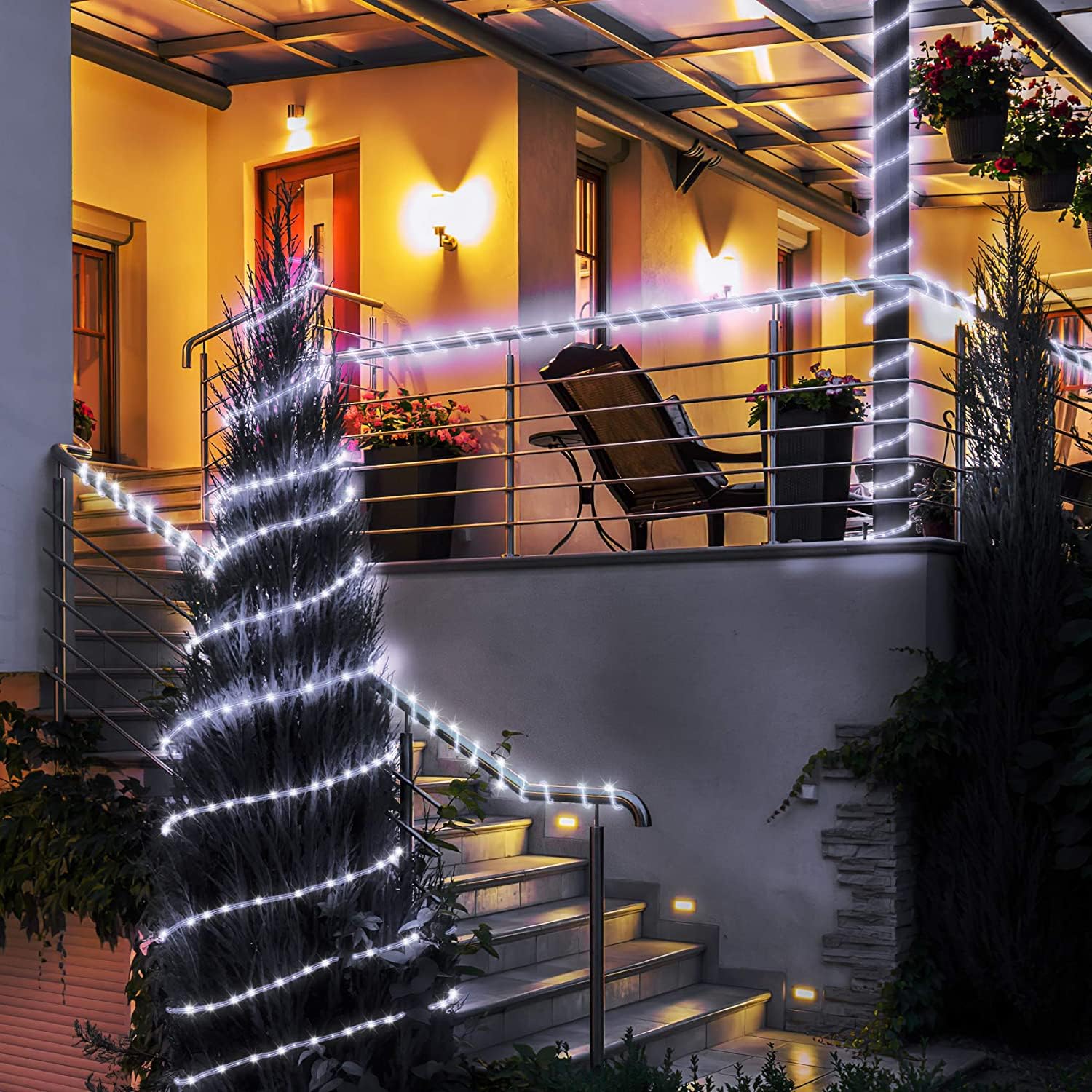 Tira de luces solares mejoradas para exteriores, 500 LED, 170 pies, 19 modos, luces solares y recargables por USB, con temporizador remoto, regulable, impermeable, para jardín, camping, camino