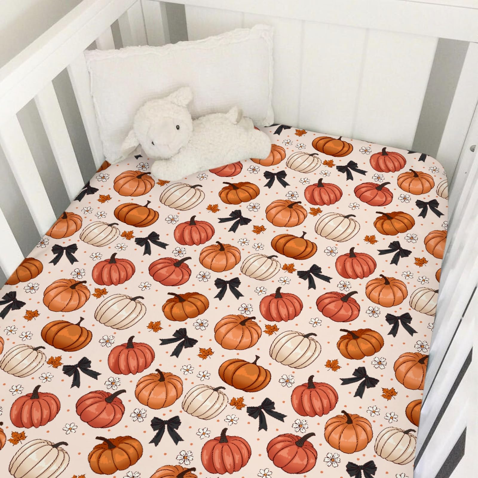 Fall Pumpkin Bows Daises Baby Crib Sheets 52''x28'' Vintage Autumn Pumpkins Maple Leaves Dots Fitted Crib Mattress Cover for Boy Girl Thanksgiving Soft Bed Sheet for Standard Crib Toddler Mattress