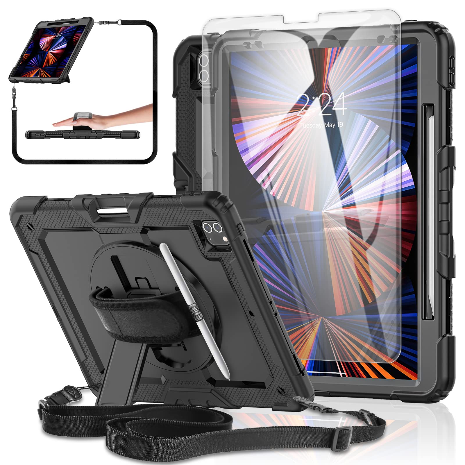 iPad Pro 12.9-inch 6th/5th/4th Generation Case 2022/2021/2020 [with Tempered Glass Screen Protector], BASE MALL Full-Body Protective Case, Pencil Holder,Rotating Kickstand, Hand/Shoulder Strap (Black)
