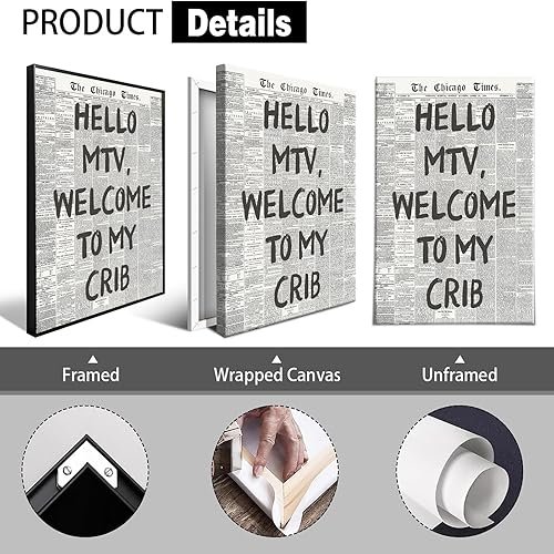 Miniatura 2 de Pósteres de lienzo retro de periódico en blanco y negro Hello Mtv Welcome To My Crib Arte de pared inspirador positivo de afirmación positiva de los