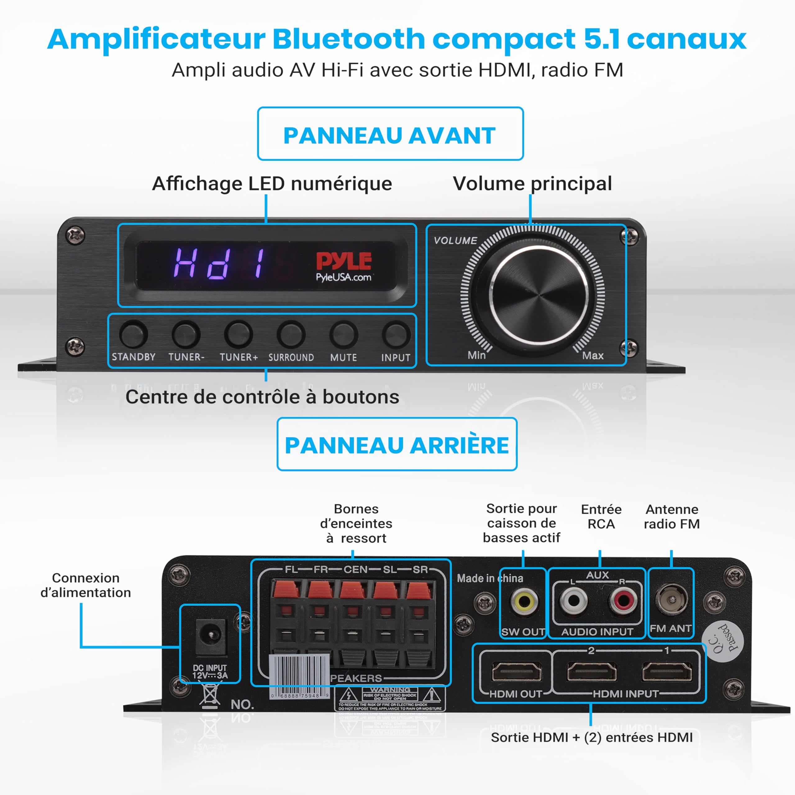 Pyle Amplificateur Home Cinéma Bluetooth 5.1 Canaux – Récepteur Audio Vidéo 100 W avec HDMI, Son Surround, Subwoofer, AUX, FM, Télécommande, Compatible TV, PC et Haut-Parleurs