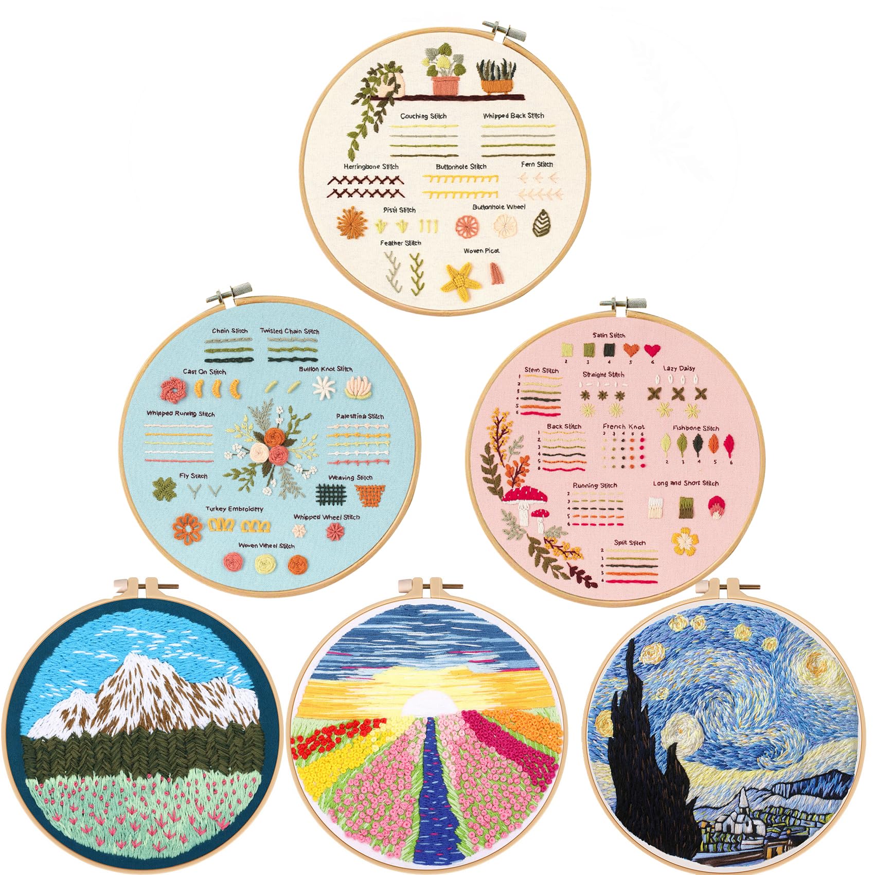 Santune 6 Sets Embroidery Kit,Cross Stitch Kits for Beginners,Needlepoint Kits for Adults with Easy Stamped Flower Pattern Fabric Hand Crafts,Hoops,Needle,Women DIY Hanging Plants,Sewing Hobby