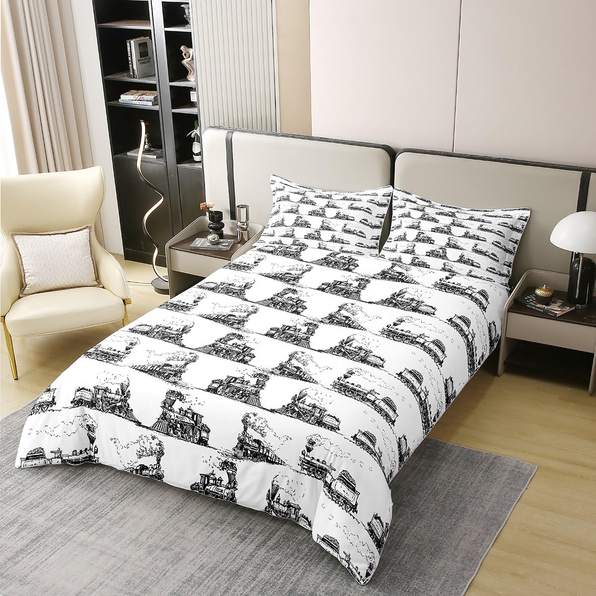 richhome 100% Natural Cotton Kids Boys Trains Duvet Cover Double Retro Steam Train Comforter Cover Black White Sketch Painting Bedding Set for Boys Girls Bedroom