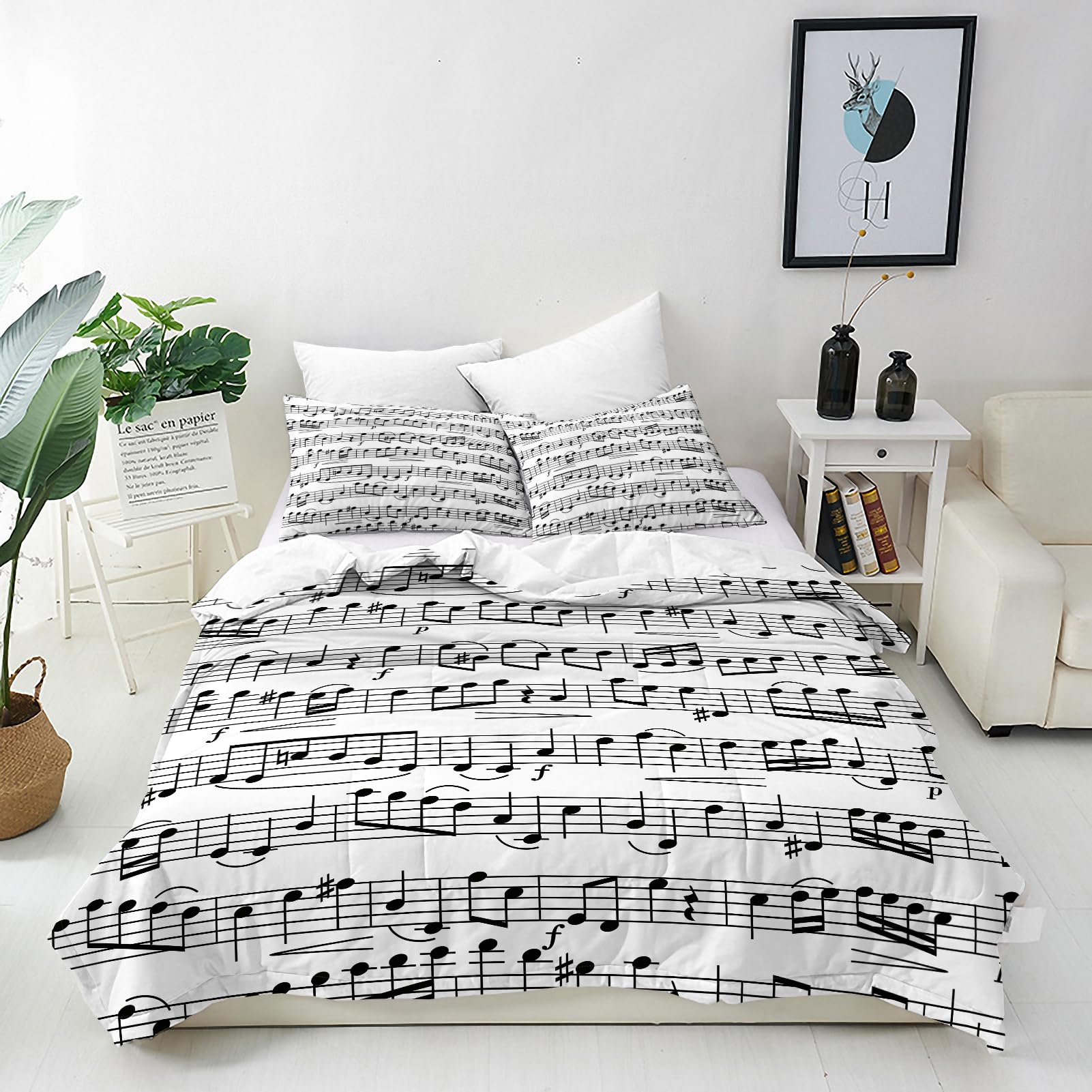 ANHOPE Musical Duvet Cover Set Soft Microfibre Polyester Quilt Cover 3 PCS Bedding Set with 2 Pillowcase Music Stave Notes Print Pattern Comforter Cover with Zipper Closure Single (135 x 200 cm)