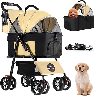 Wn's Day 3-in-1 Foldable Dog Stroller for Small Medium Dogs Cats 10-30lbs, Removable Carrier, Storage, EVA Wheels, Brown