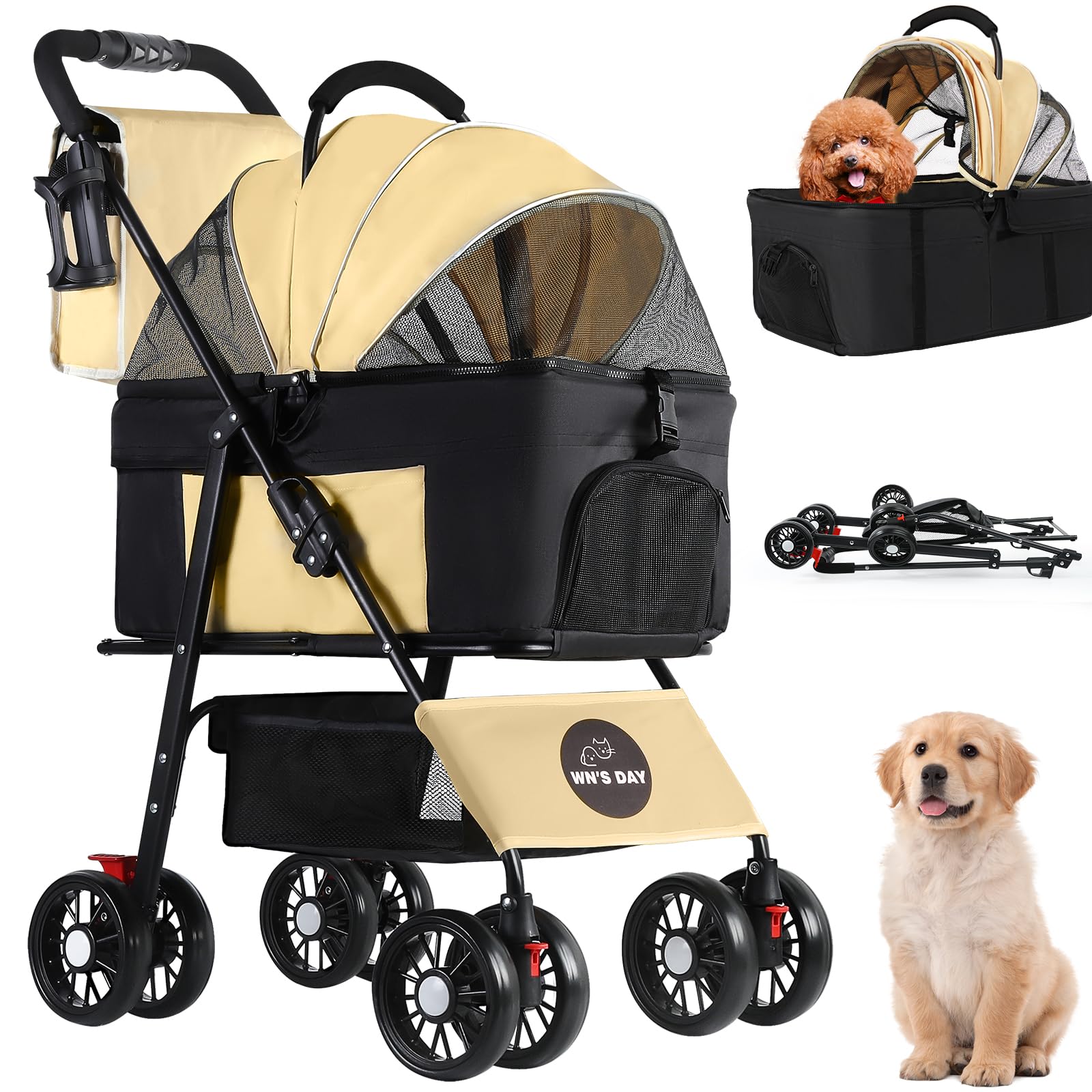 3 in 1 Pet Dog Stroller for Small Medium Dogs 10-50 lbs, Foldable Cat-Strollers for 2-Cats with Removable Carrier, Pet-Strollers for Cats with Storage