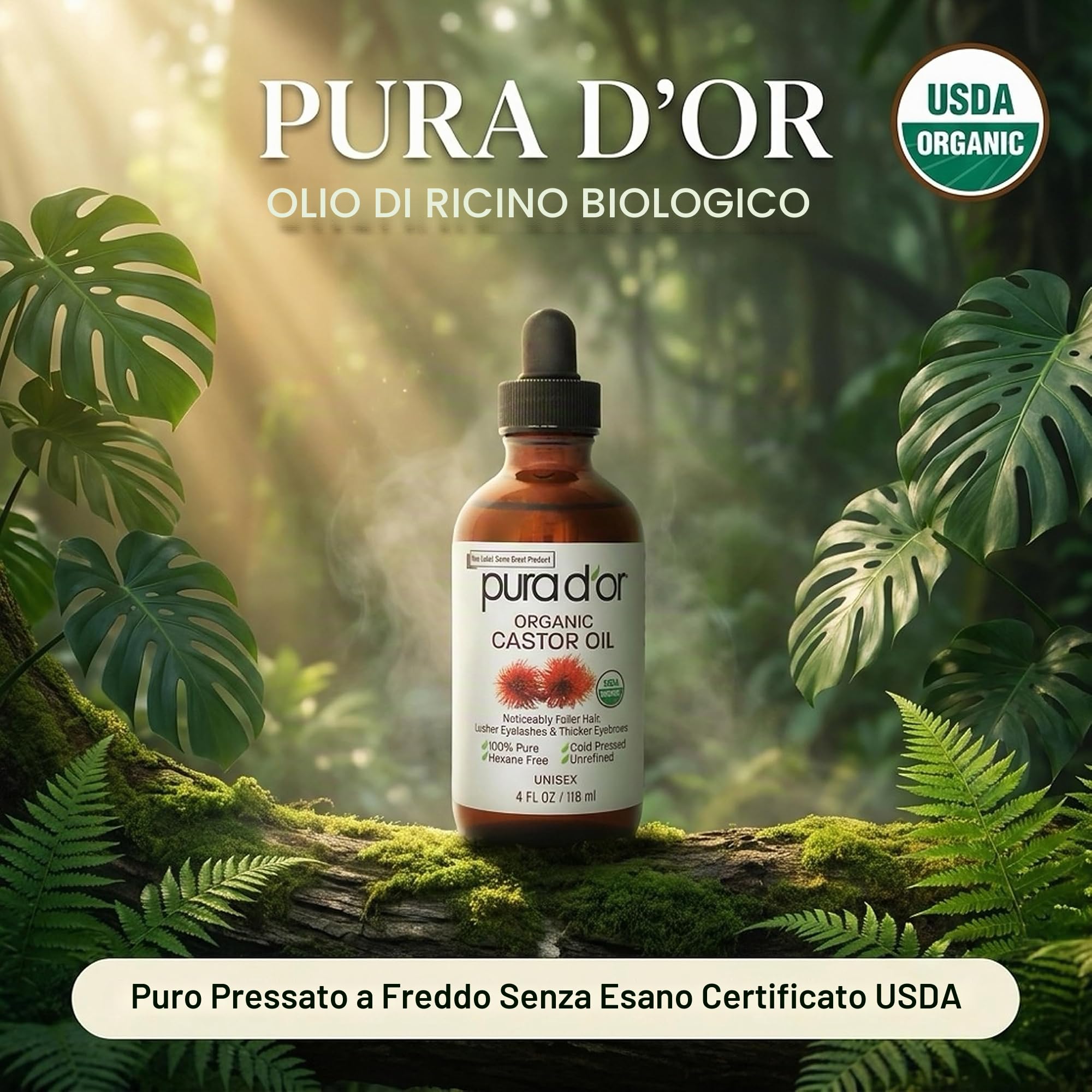 Pura D'Or Olio di ricino (118 ml) 100% puro olio naturale per crescita di peli, sopracciglia, ciglia Olio senza esano pressato a freddo per idratare e curare la pelle secca