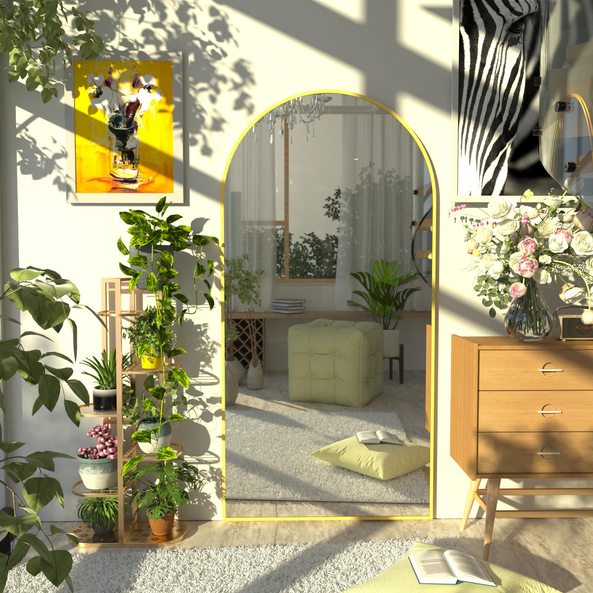 FANYUSHOW Standspiegel mit Gewölbtem Oberteil, 165 x 60 cm, Großer Bogenspiegel mit Haltbarem Glas, Wandmontierter Spiegel in Voller Länge, Angelehnt oder Frei Platziert mit Halterung,Gold