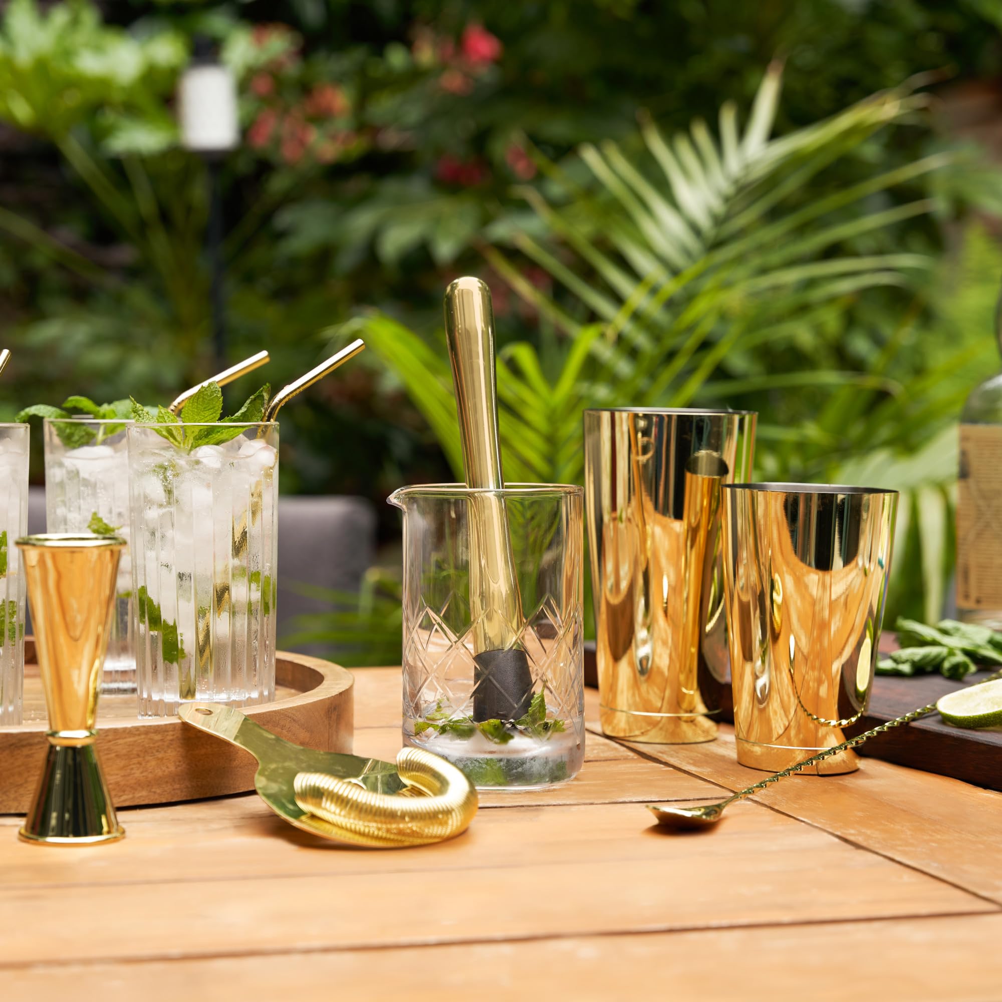 Viski Juego de coctelera Dorada, Juego de Barra Dorada para cócteles, coctelera, Vaso Mezclador, Cuchara y Accesorios de Camarero, Juego de 7 de Acero Inoxidable
