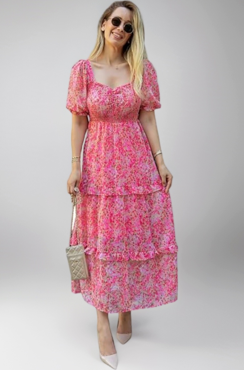 Women's Floral Puff Sleeve High Waist A Line Flowy Long Dress